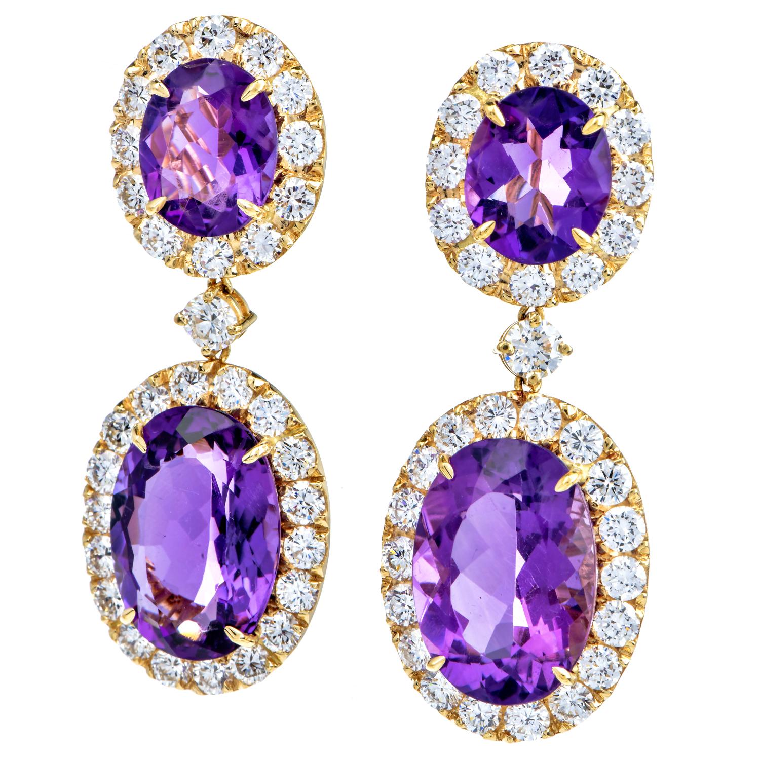 An exquisite Vivid Fine Amethyst surrounded by a diamond halo is a timeless look impossible to ignore!

this glamorous pendant is crafted in solid 18K Yellow Gold.

Consists of an Oval-Cut 27.00 carats Amethyst prong set, surrounded by 20 round-cut
