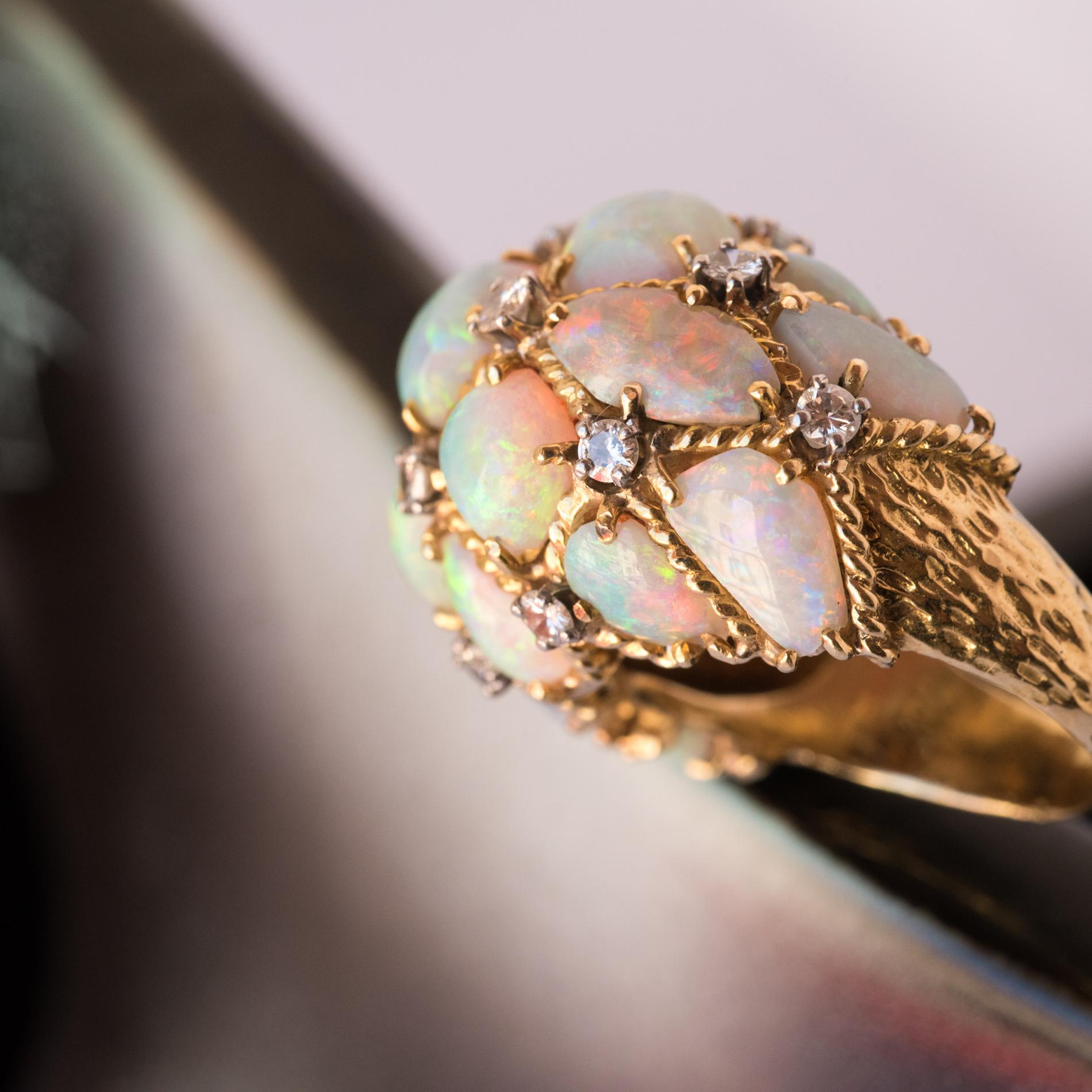 Women's 1960s Retro Australian Opal Diamond 18 Karats Gold Domed Ring 
