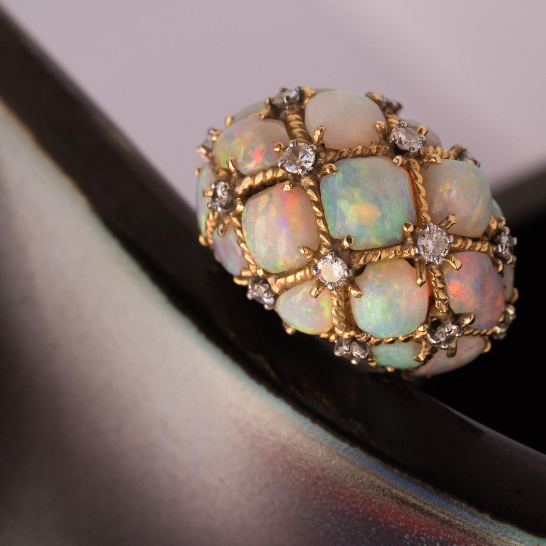 1960s Retro Australian Opal Diamond 18 Karats Gold Domed Ring  3