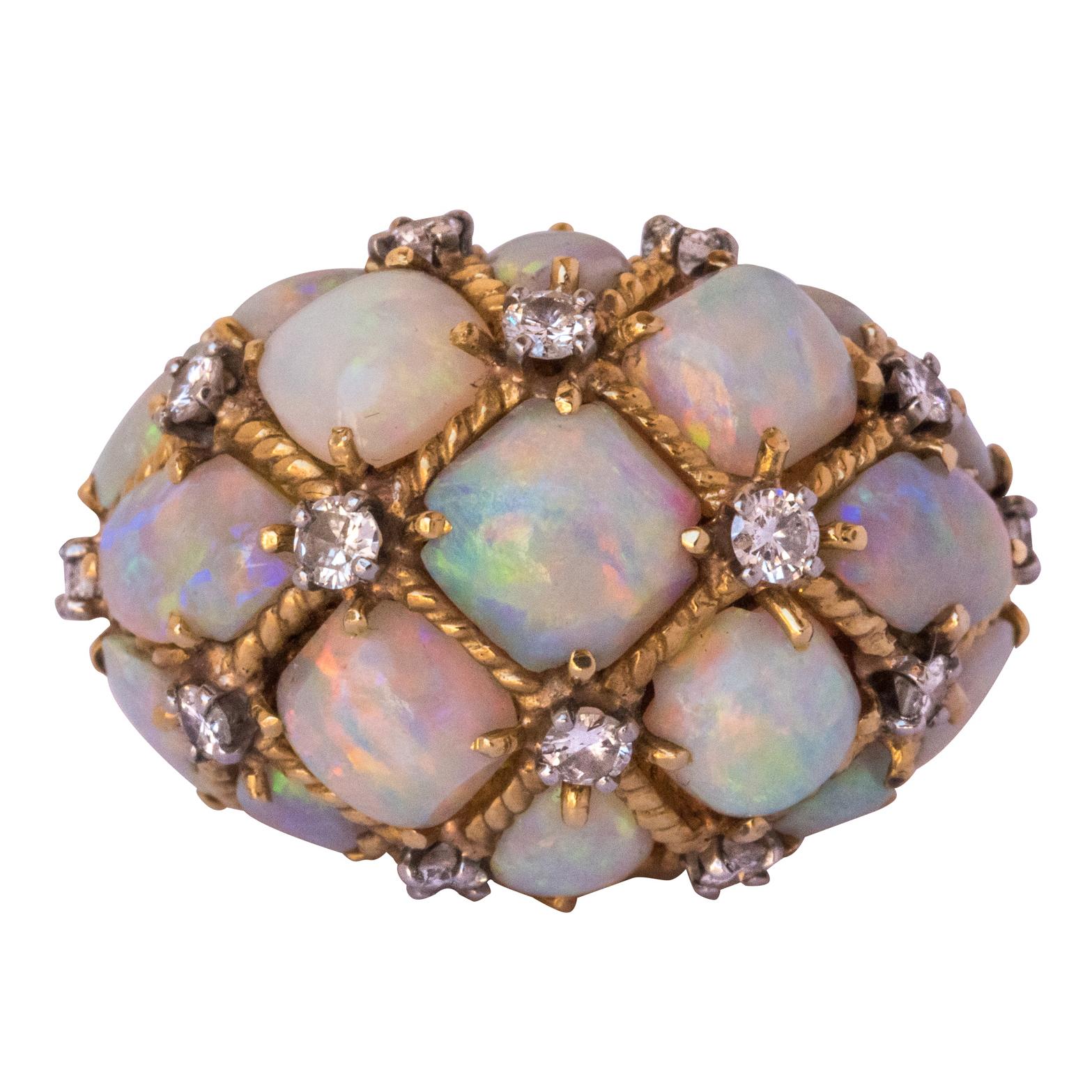 1960s Retro Australian Opal Diamond 18 Karats Gold Domed Ring 