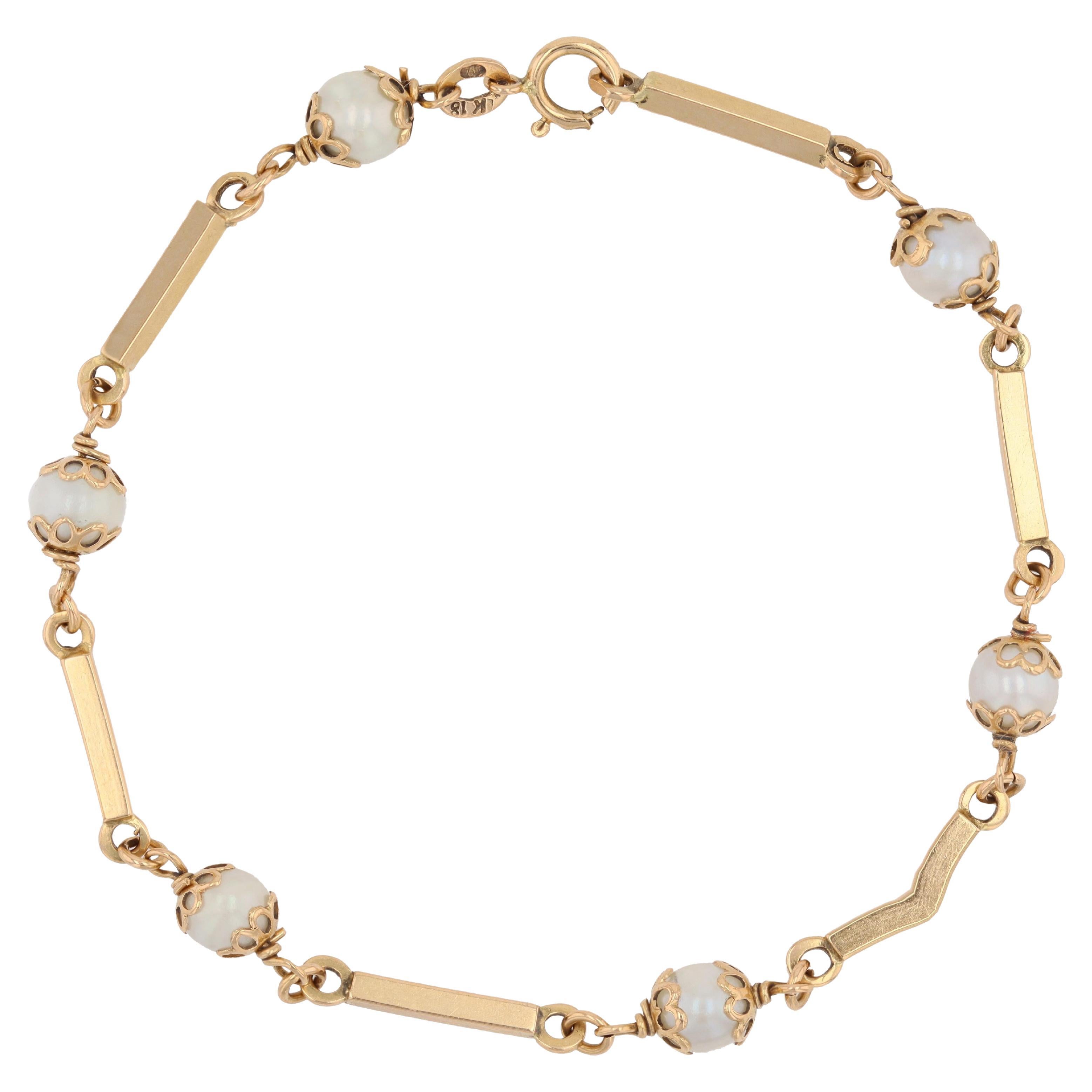 1960s Retro Cultured Pearl 18 Karat Yellow Gold Bracelet
