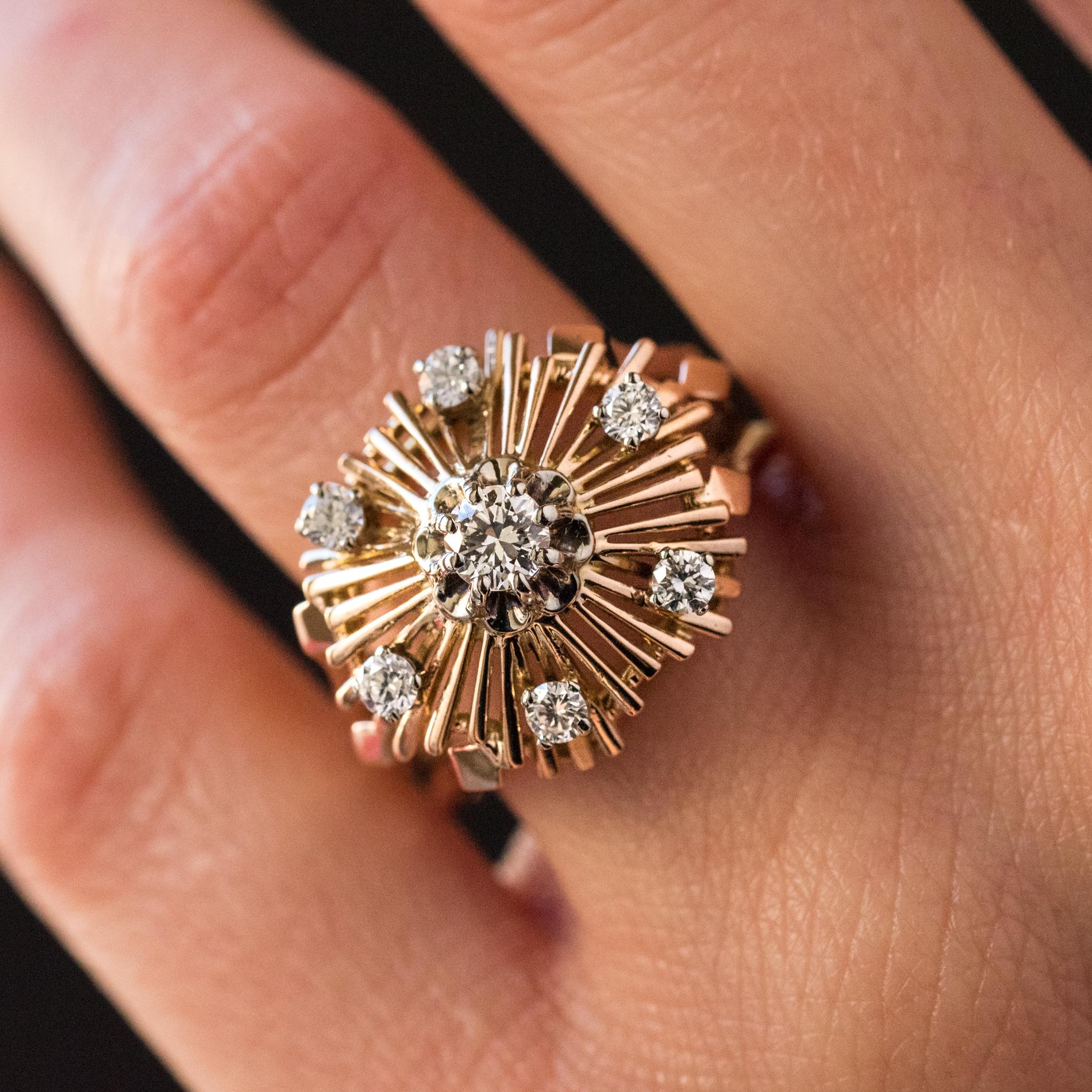 1960er Jahre Retro Diamant 18 Karat Rose Gold Radiant Ring im Zustand „Gut“ im Angebot in Poitiers, FR