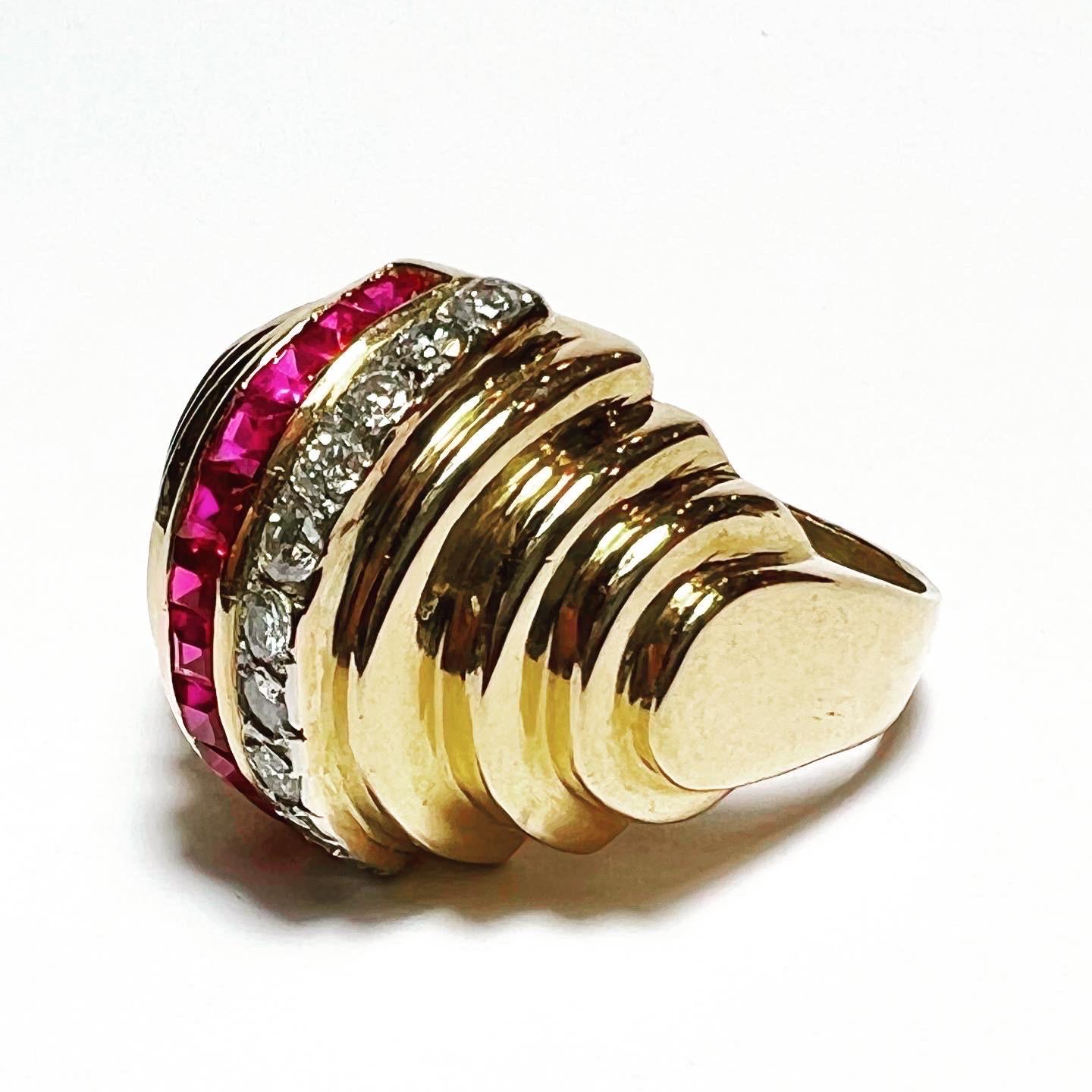 Brilliant Cut 1960s Retro Diamond Rubys 18K Yellow Gold Tank Cocktail Ring