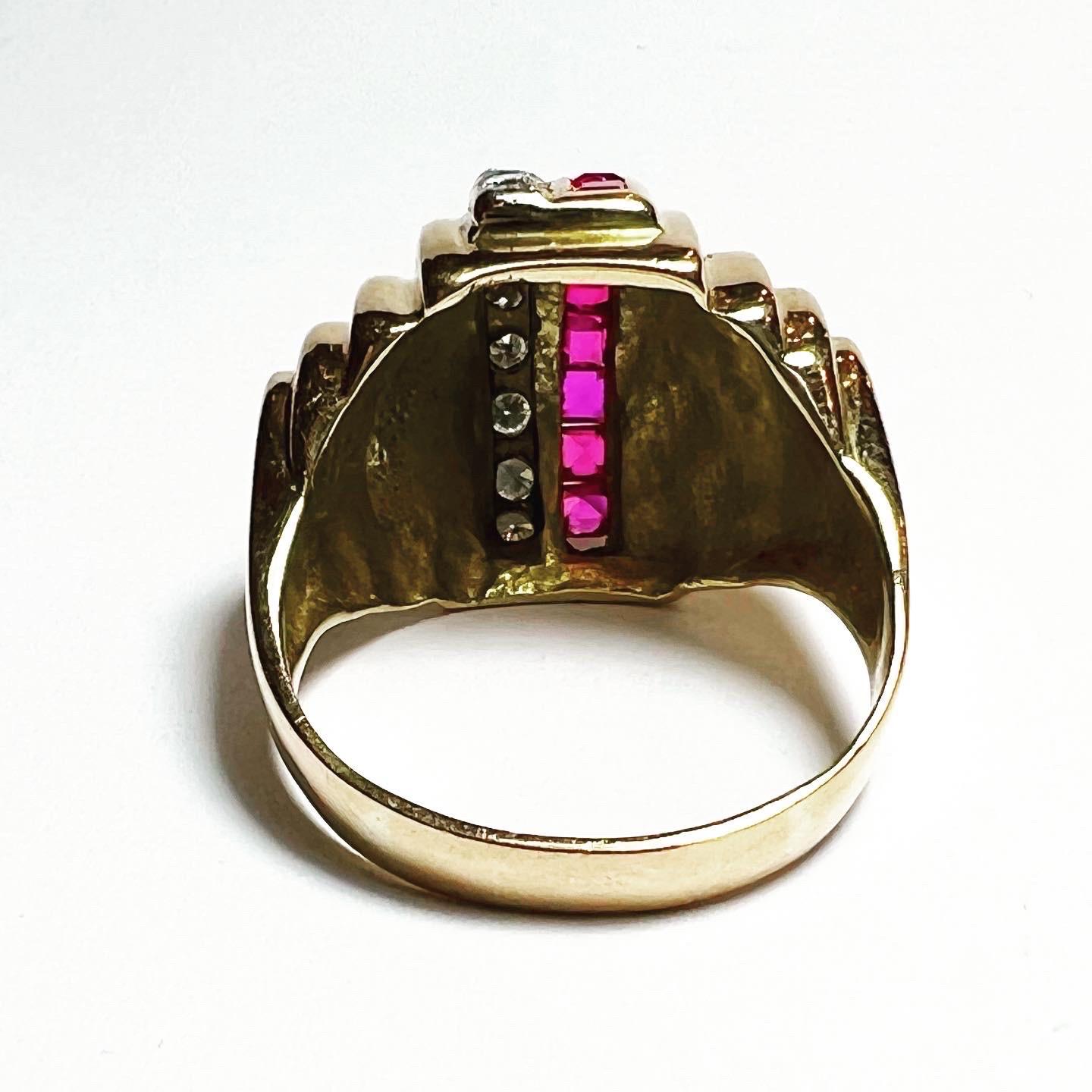 Women's or Men's 1960s Retro Diamond Rubys 18K Yellow Gold Tank Cocktail Ring