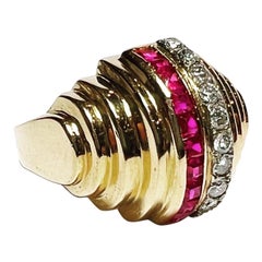 1960s Retro Diamond Rubys 18K Yellow Gold Tank Cocktail Ring