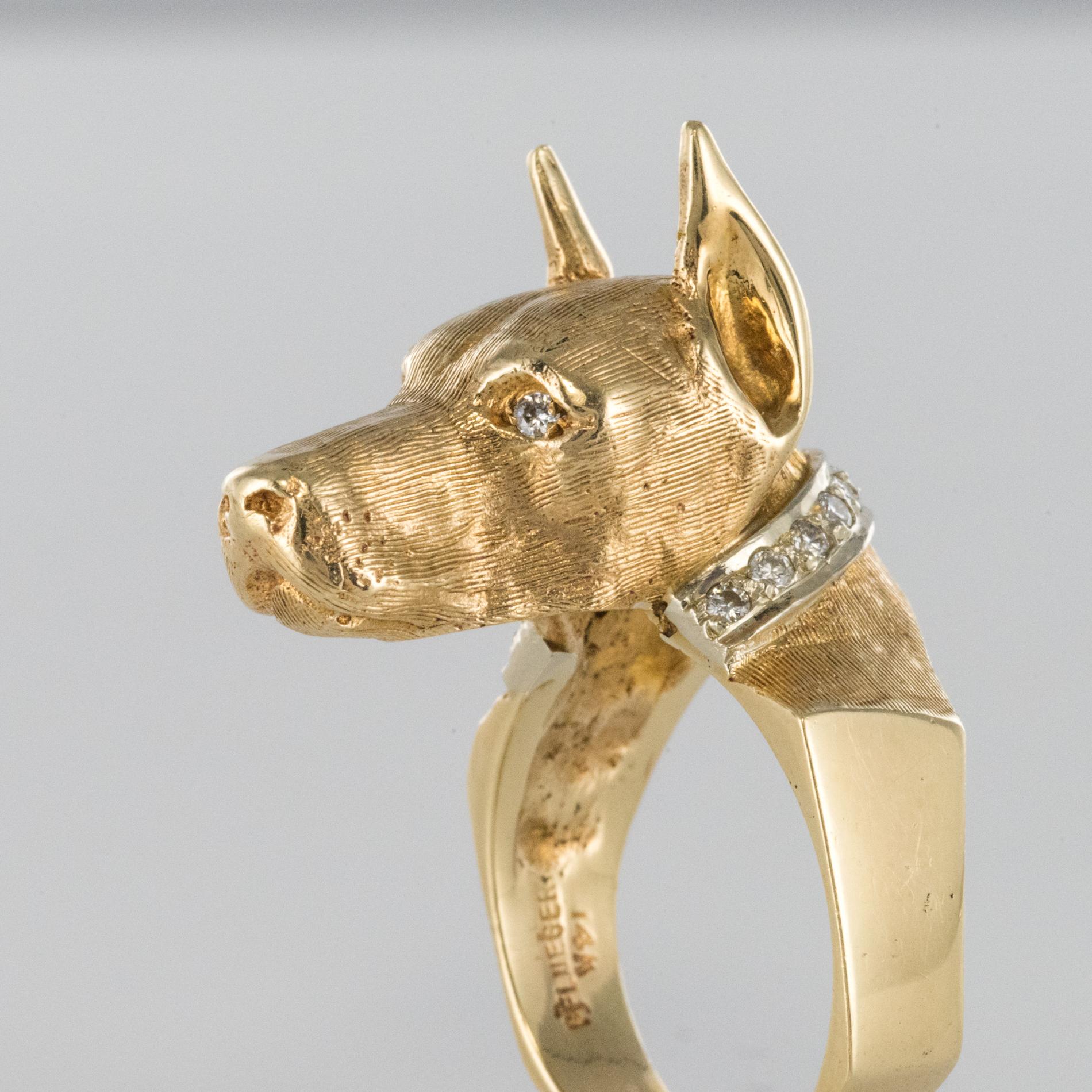 1960s Diamonds 14 Karat Yellow Gold Retro Dog-Shaped Ring For Sale 3