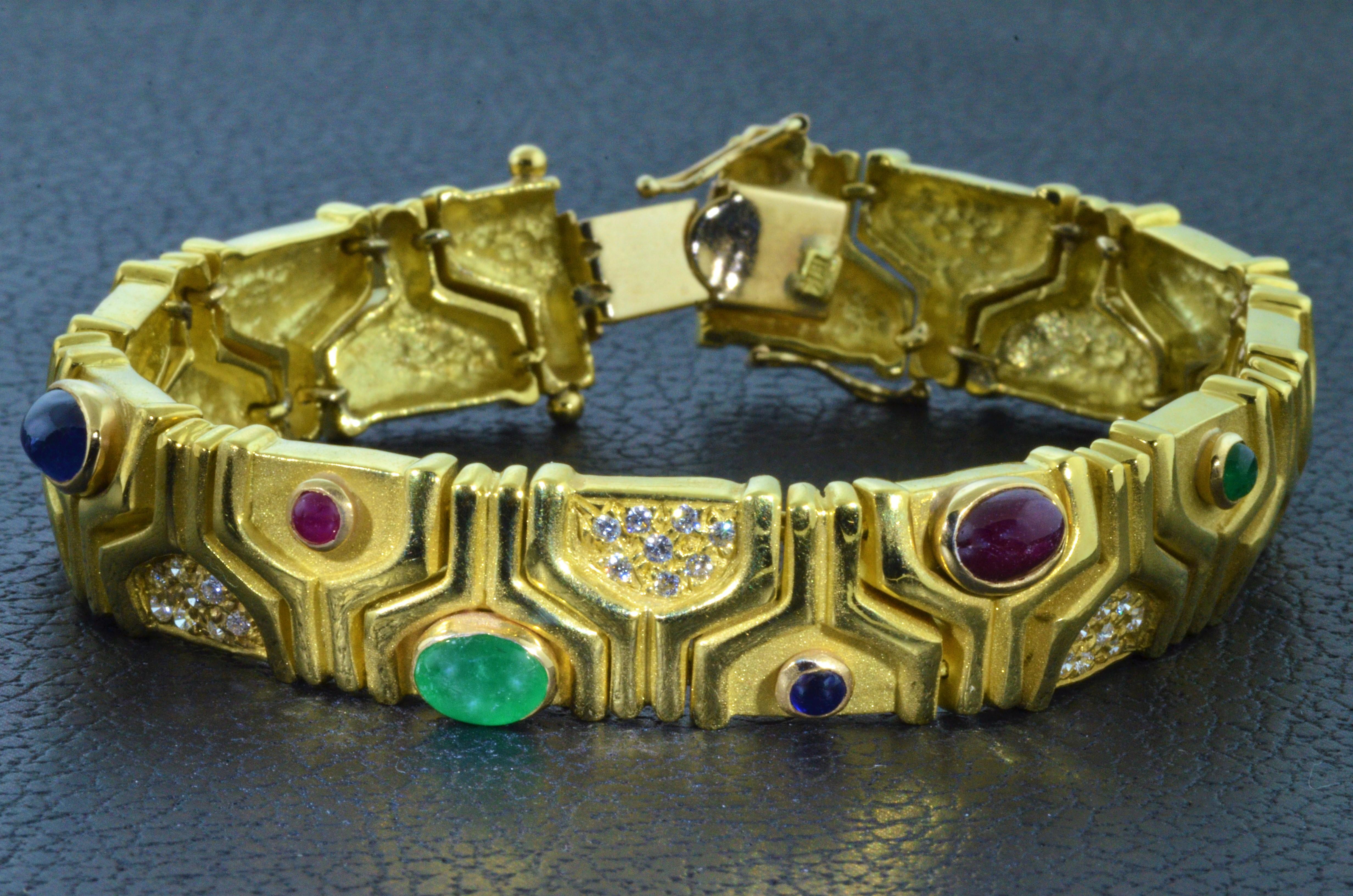 Vintage Retro Modern 1960's bracelet set with Cabochon Ruby, Emerald, Sapphire and 0.52 carats of diamonds