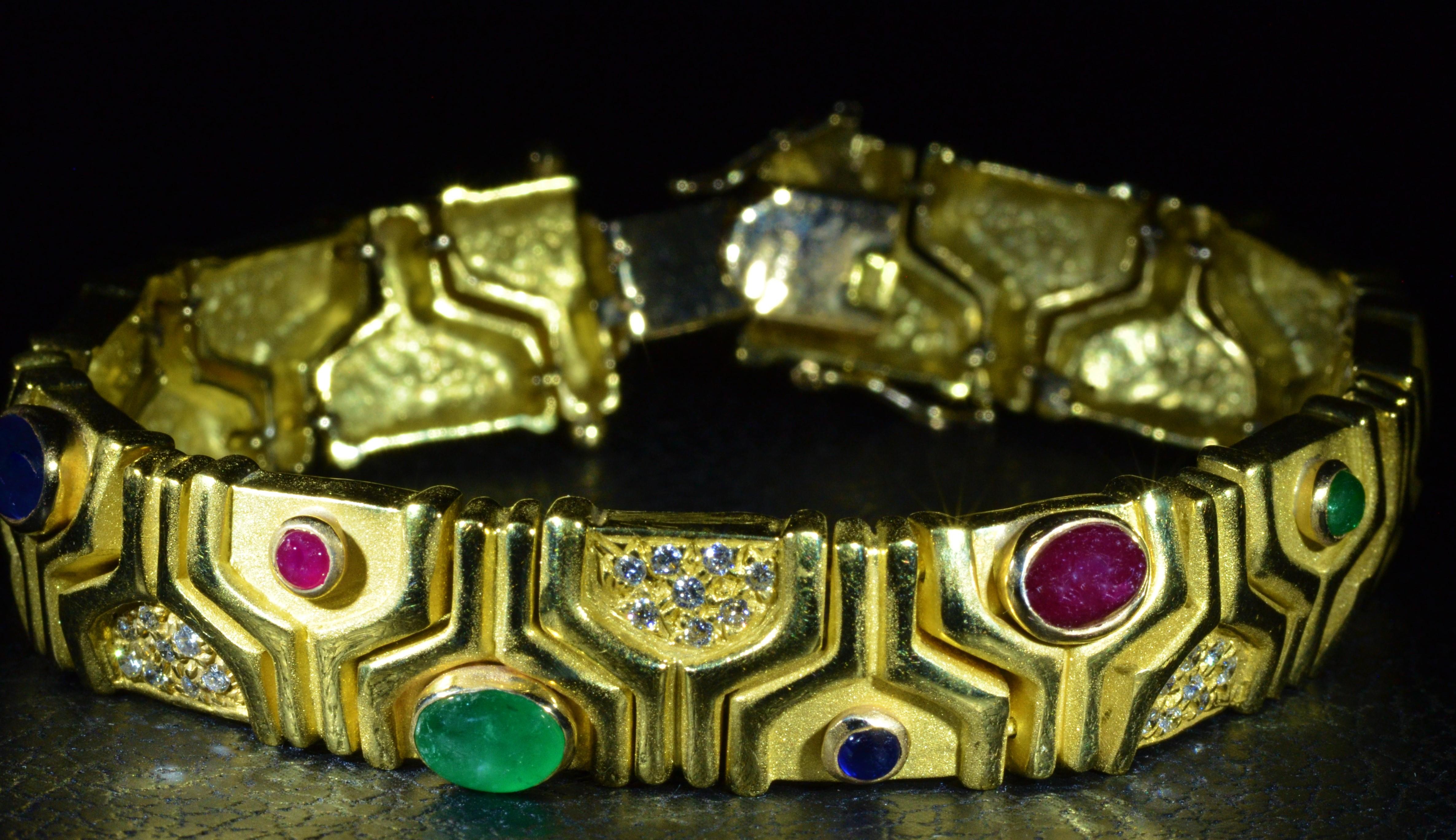 Modernist 1960s Retro Modern Cabochon Ruby, Emerald, Sapphire and Diamond Bracelet For Sale