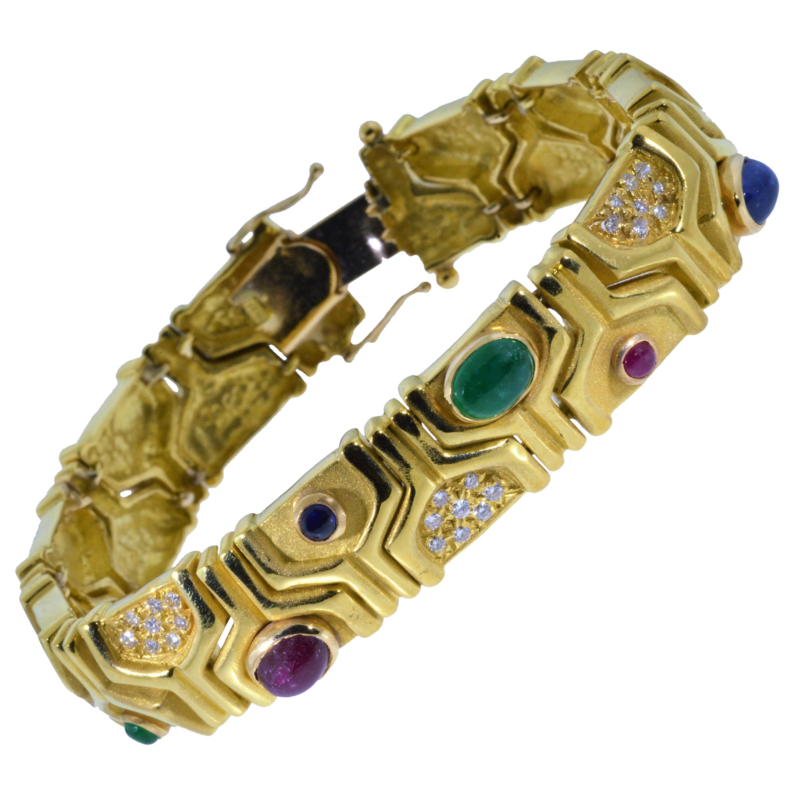 1960s Retro Modern Cabochon Ruby, Emerald, Sapphire and Diamond Bracelet For Sale