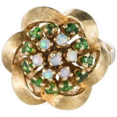 1960s Retro Opal Tsavorite Garnet Yellow Gold Flower, Shaped Ring