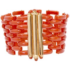 1960s Retro Red Coral Tank Track 18 Karat Gold Bracelet