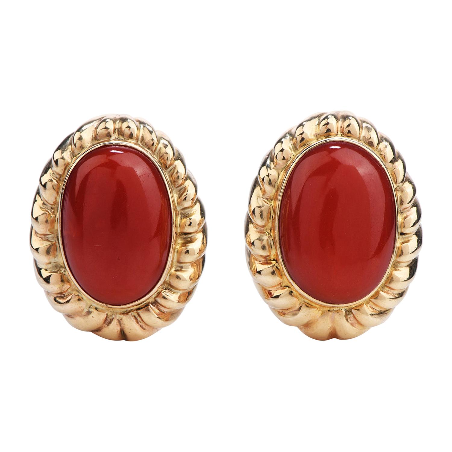 1960's Retro Red Coral Yellow Gold Clip On Earrings