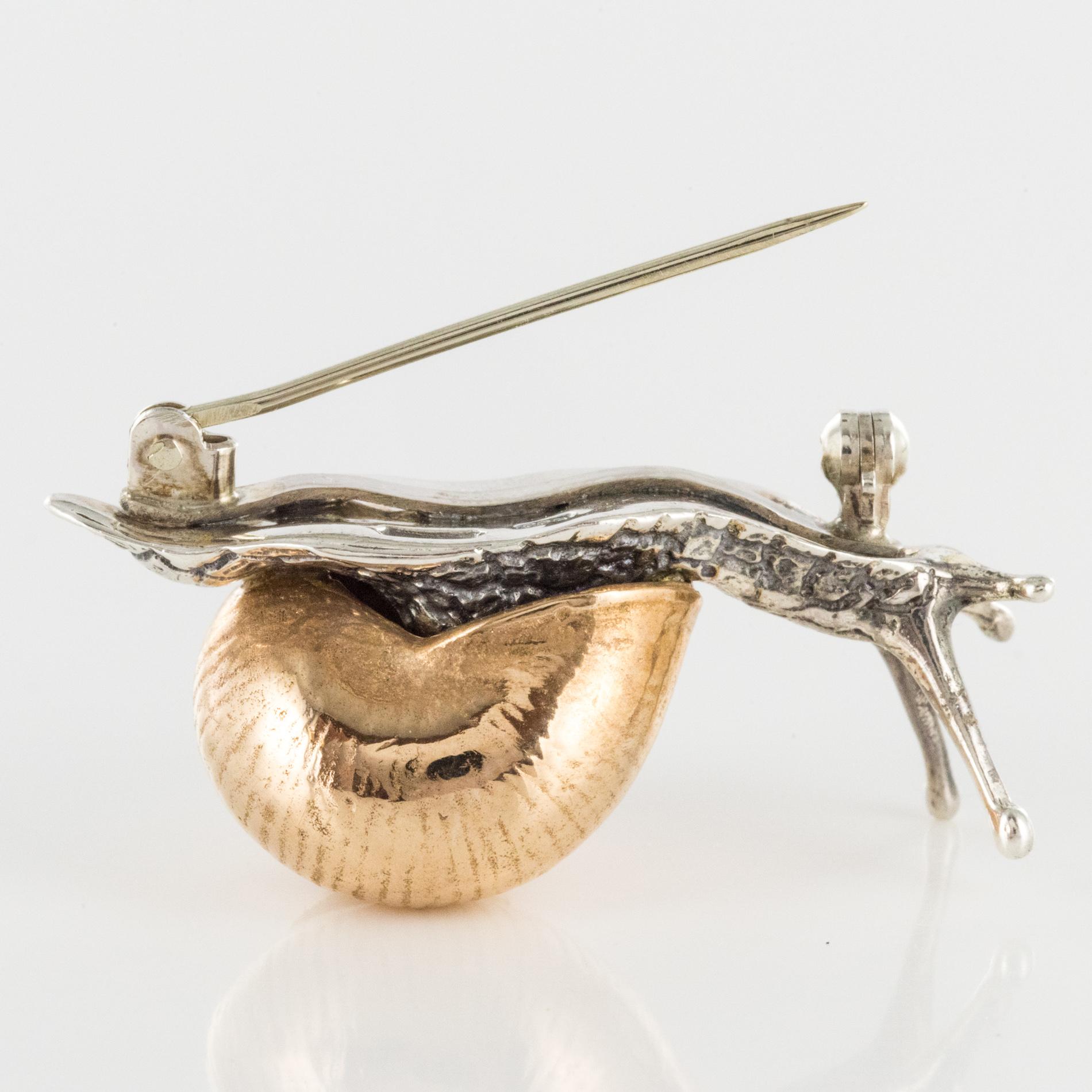 1960s Retro Silver Vermeil Snail Brooch 9