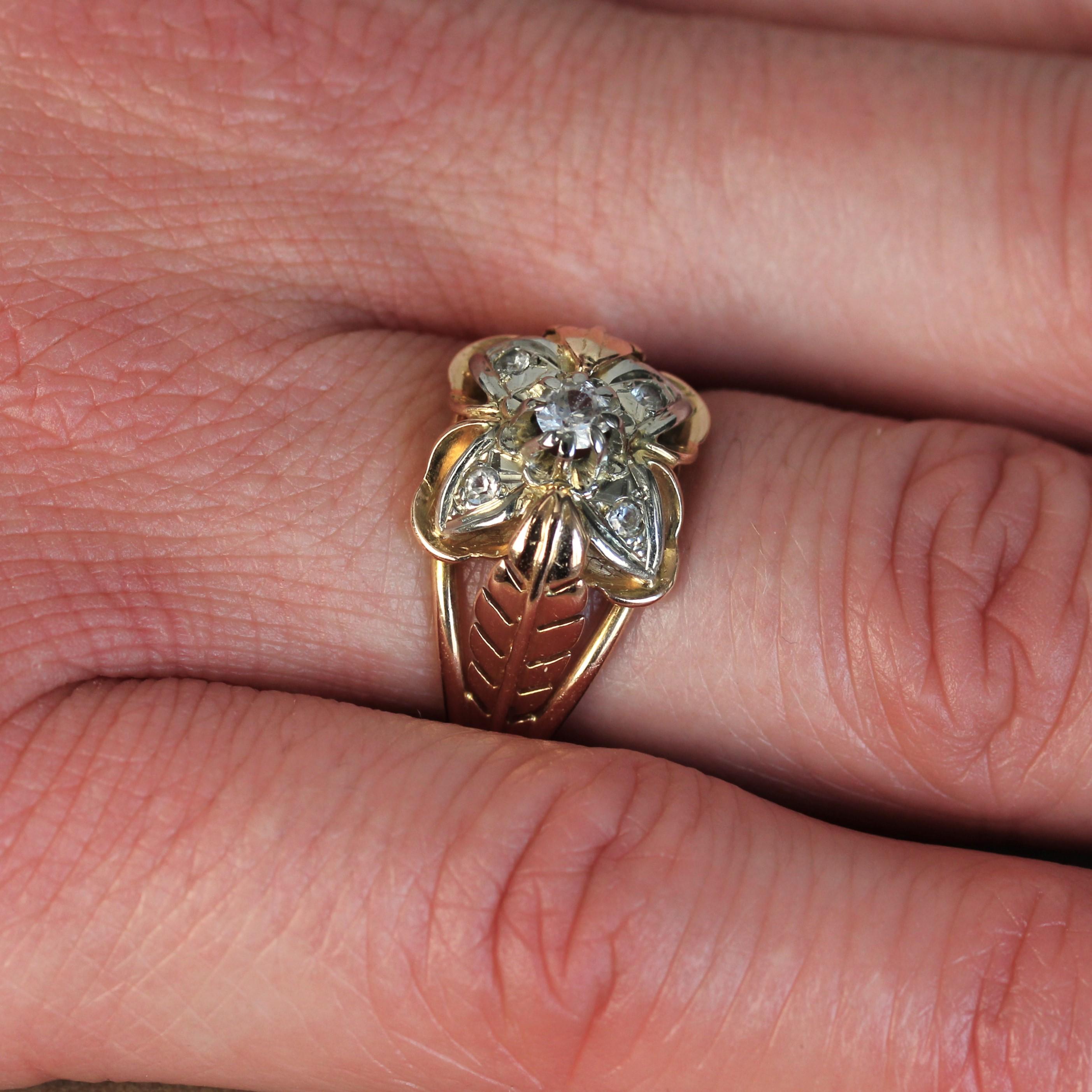 1960s Retro White Sapphires 18 Karat Rose Gold Feather Clover Ring For Sale 5