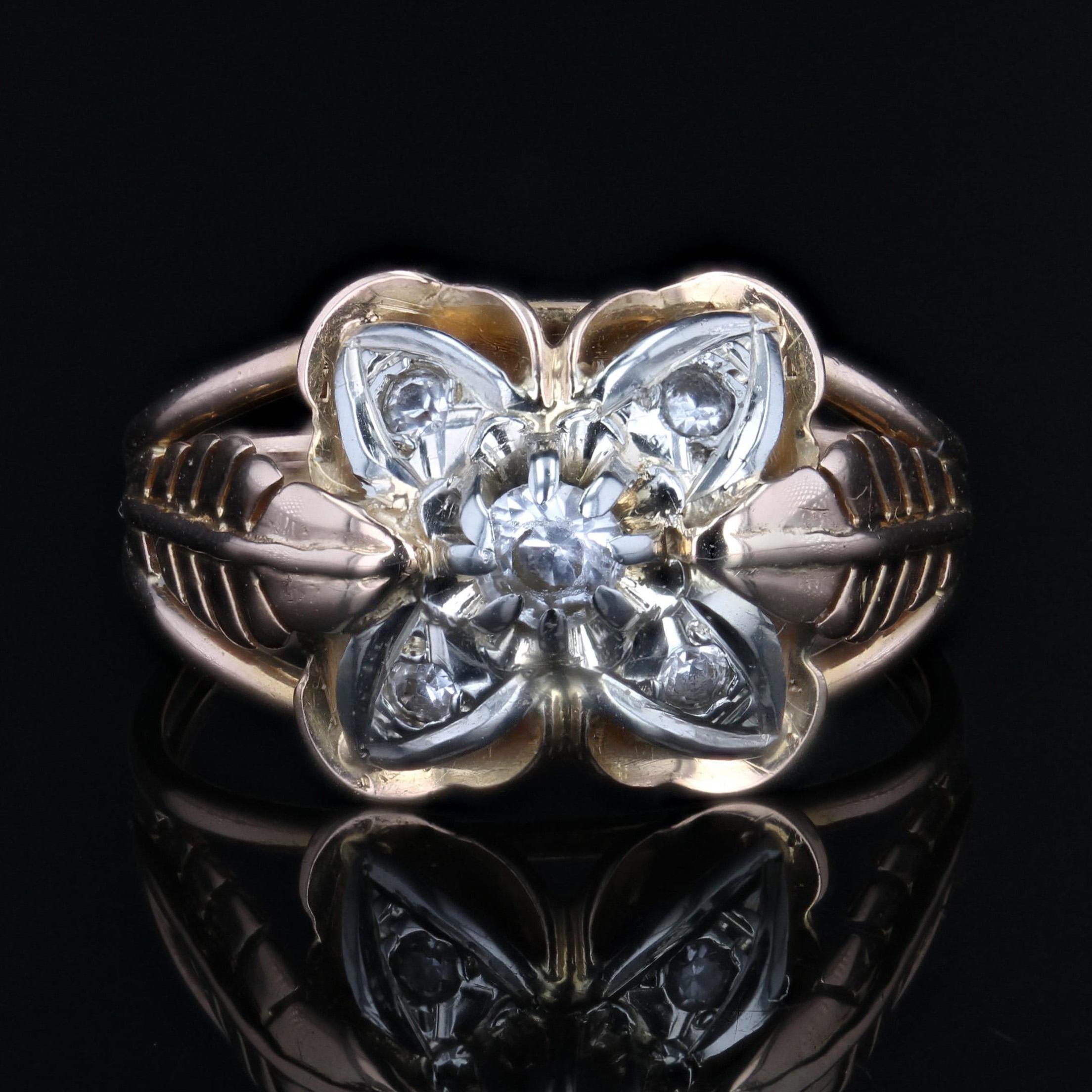 Round Cut 1960s Retro White Sapphires 18 Karat Rose Gold Feather Clover Ring For Sale