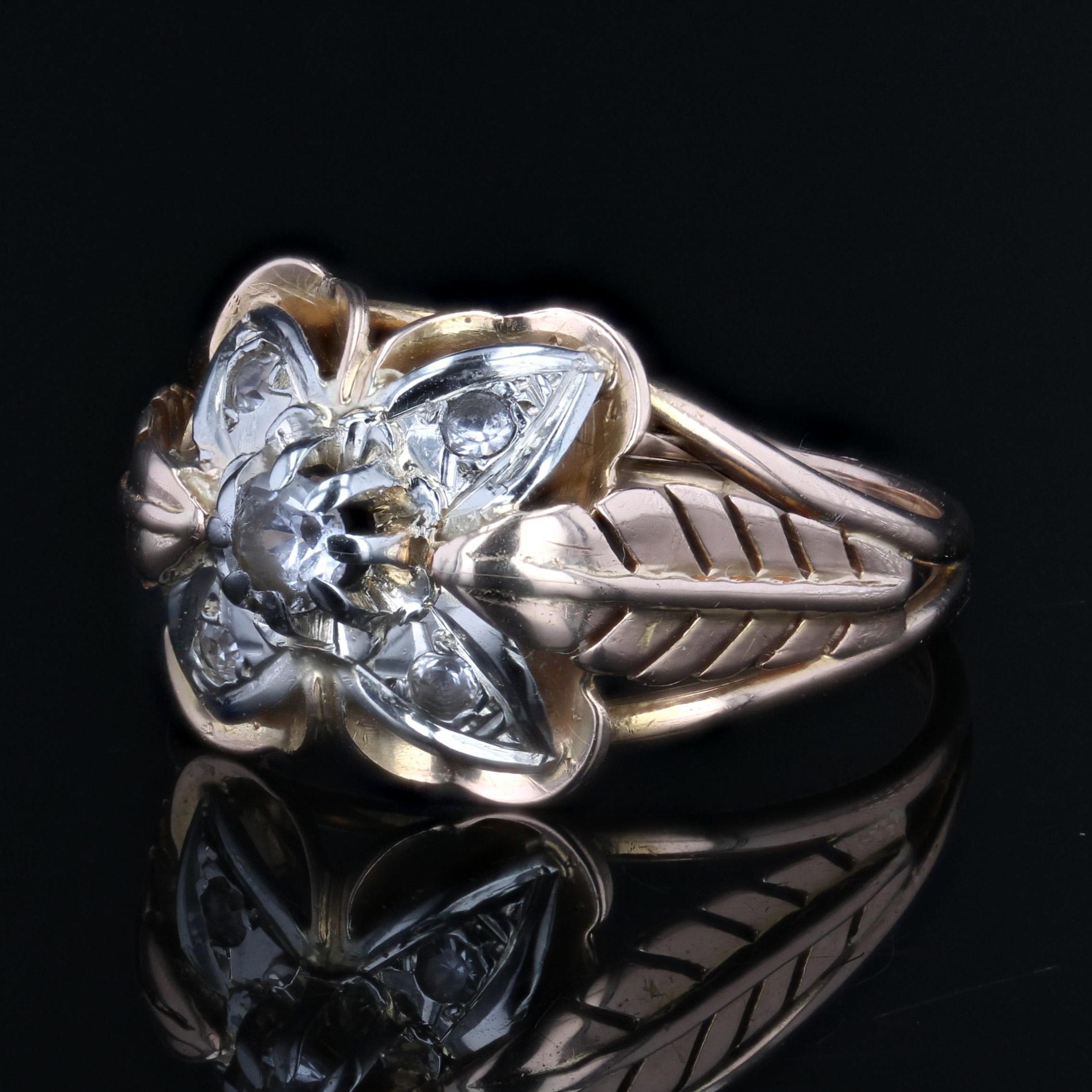 Women's 1960s Retro White Sapphires 18 Karat Rose Gold Feather Clover Ring For Sale