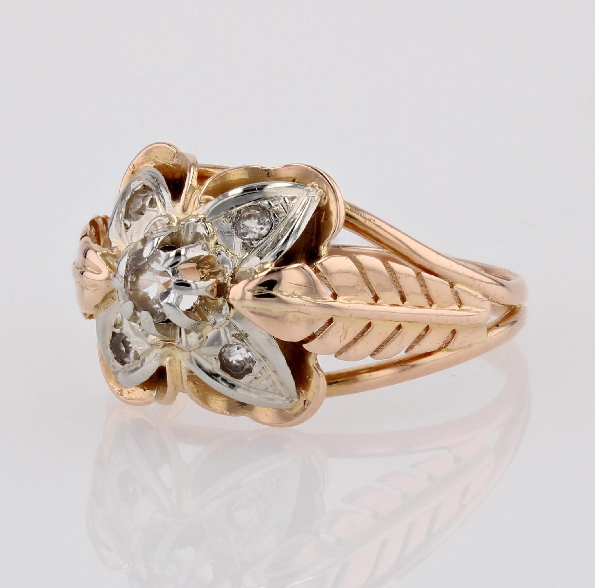 1960s Retro White Sapphires 18 Karat Rose Gold Feather Clover Ring For Sale 1