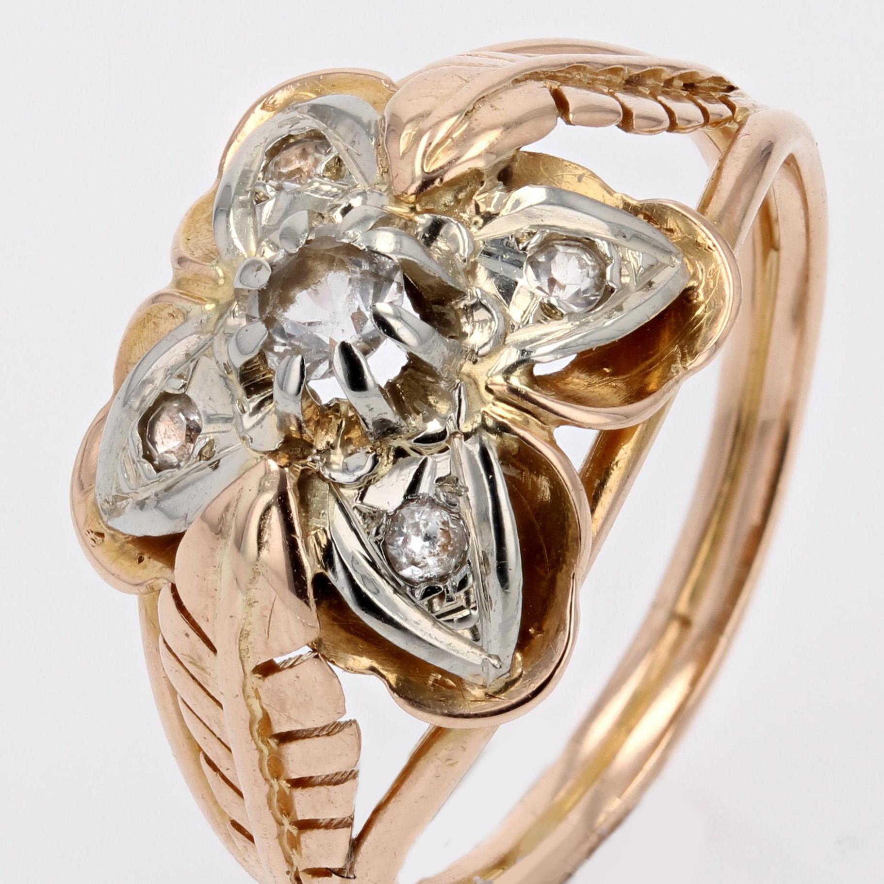 1960s Retro White Sapphires 18 Karat Rose Gold Feather Clover Ring For Sale 2