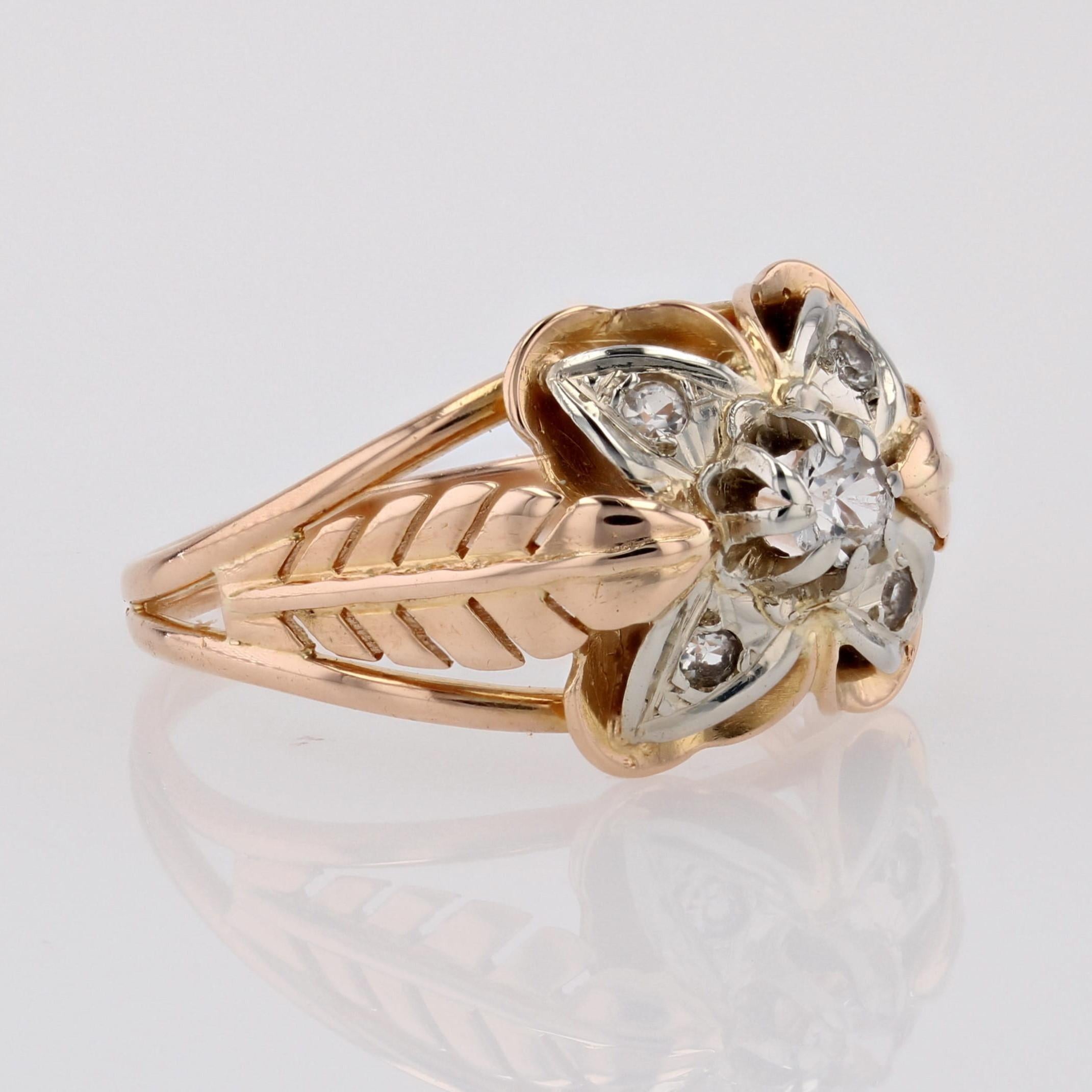 1960s Retro White Sapphires 18 Karat Rose Gold Feather Clover Ring For Sale 3