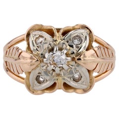 1960s Retro White Sapphires 18 Karat Rose Gold Feather Clover Ring