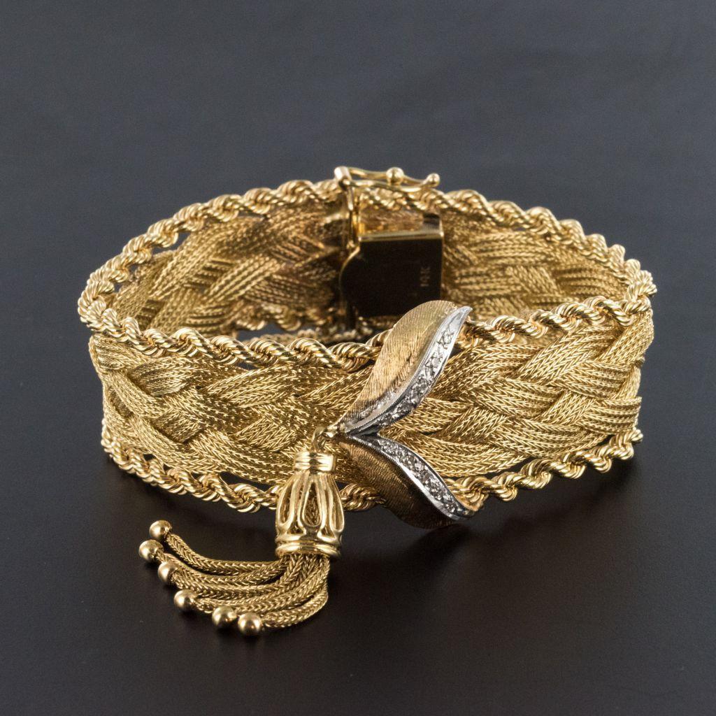 1960s Retro Yellow Gold Braid Diamonds Bracelet In Good Condition In Poitiers, FR