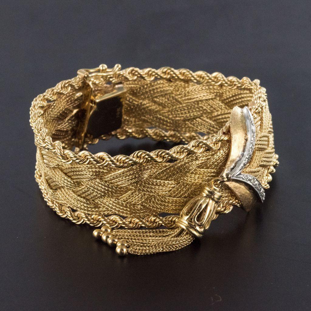 1960s Retro Yellow Gold Braid Diamonds Bracelet 1