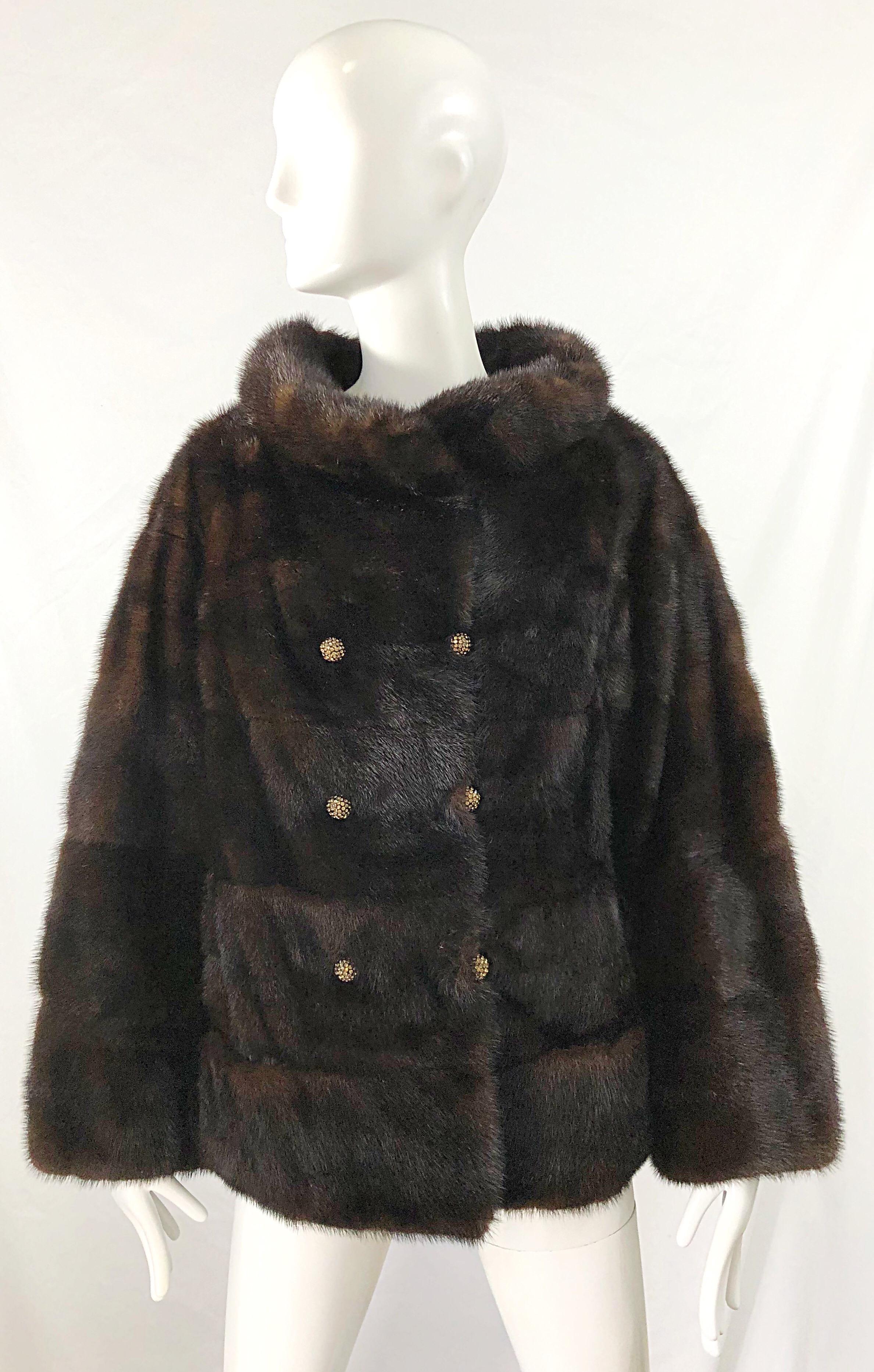 1960s Revillon Mink Mahogany Brown Female Pelt Vintage 60s Jacket Rhinestones For Sale 2