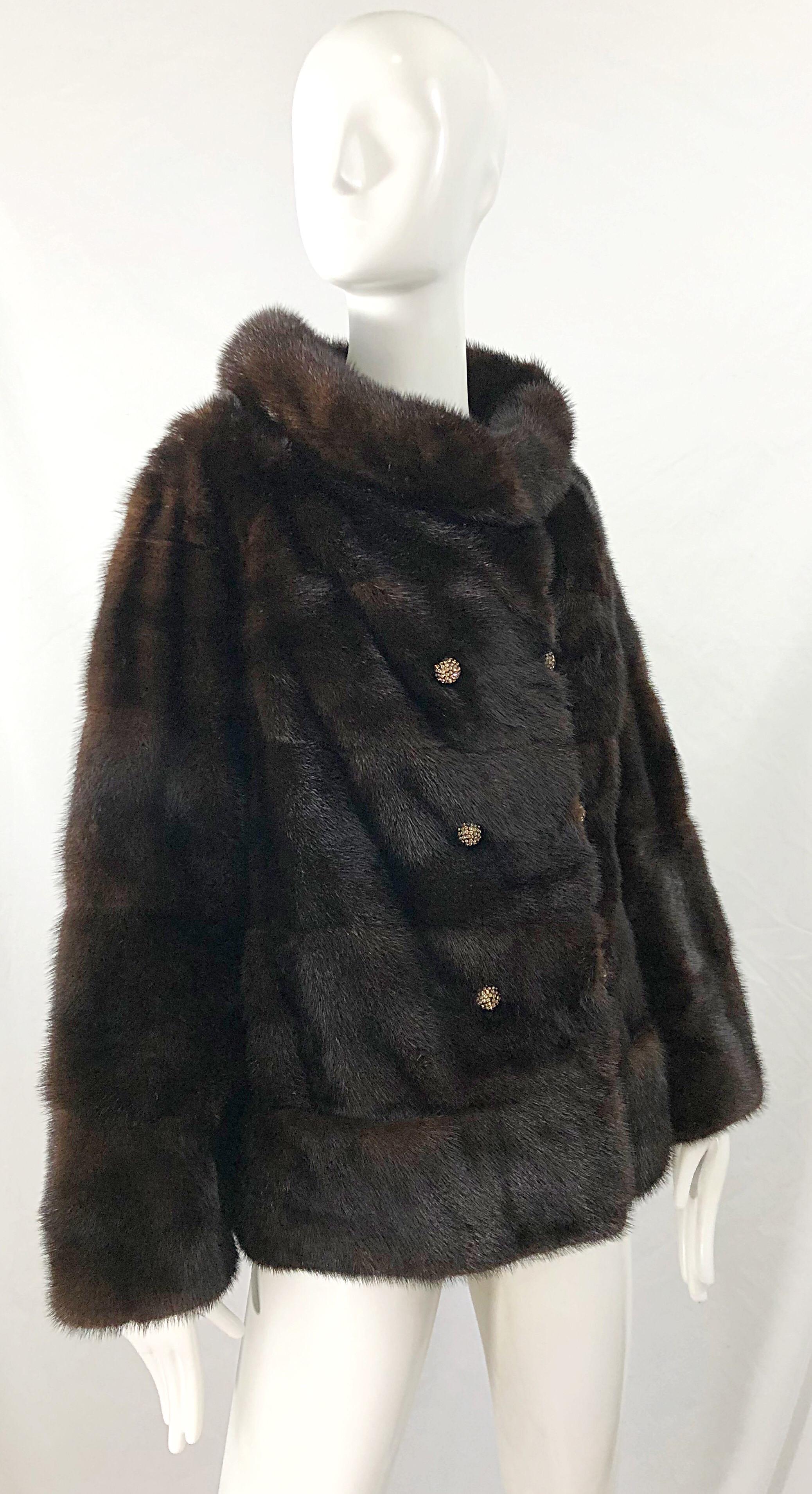 1960s Revillon Mink Mahogany Brown Female Pelt Vintage 60s Jacket Rhinestones For Sale 4
