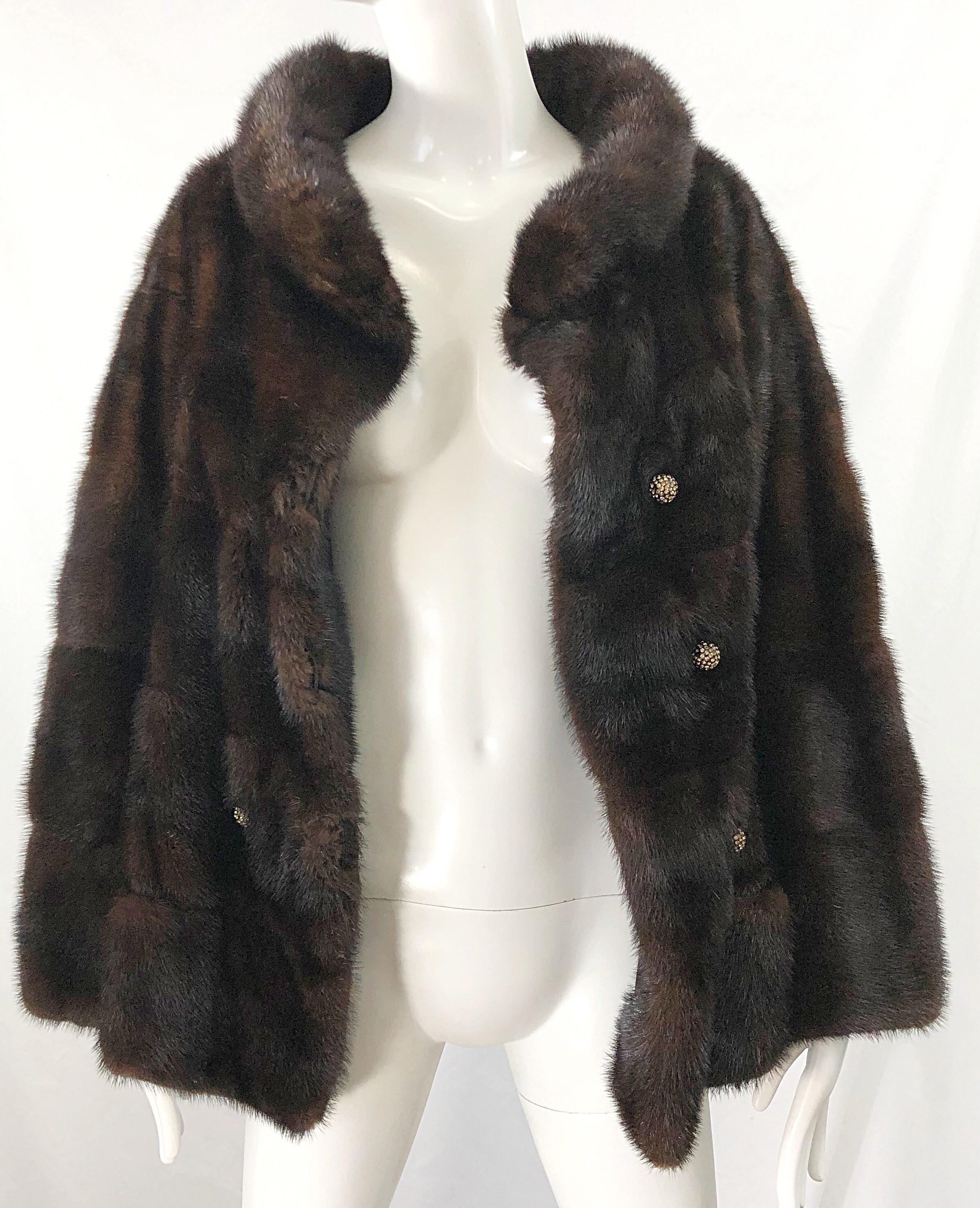1960s Revillon Mink Mahogany Brown Female Pelt Vintage 60s Jacket Rhinestones For Sale 7