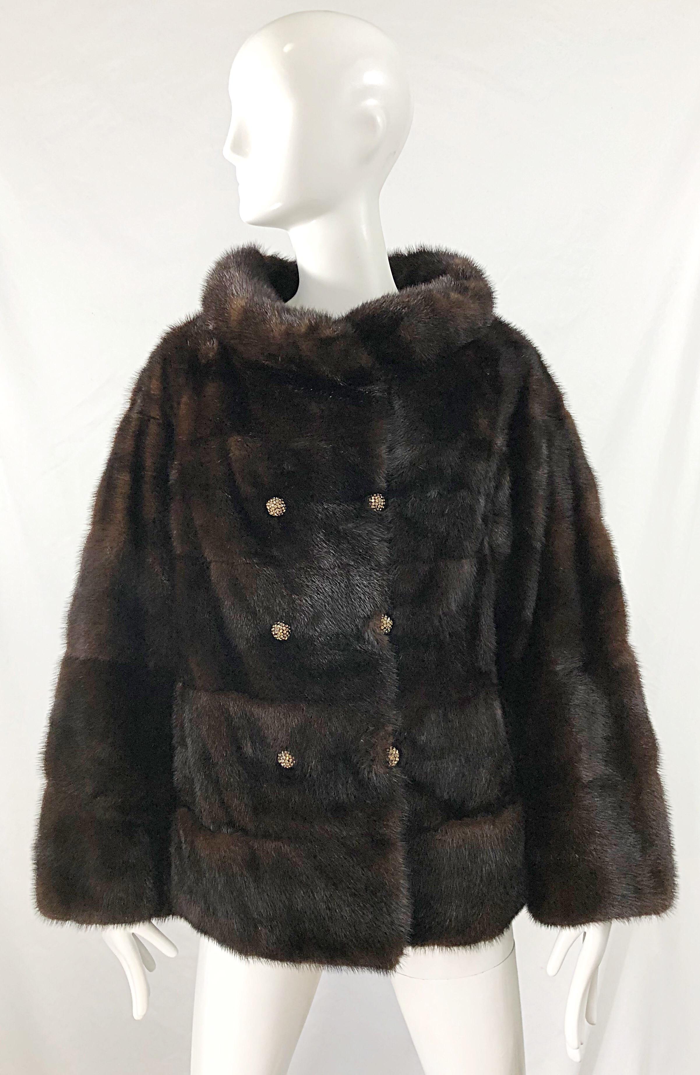 1960s Revillon Mink Mahogany Brown Female Pelt Vintage 60s Jacket Rhinestones For Sale 8