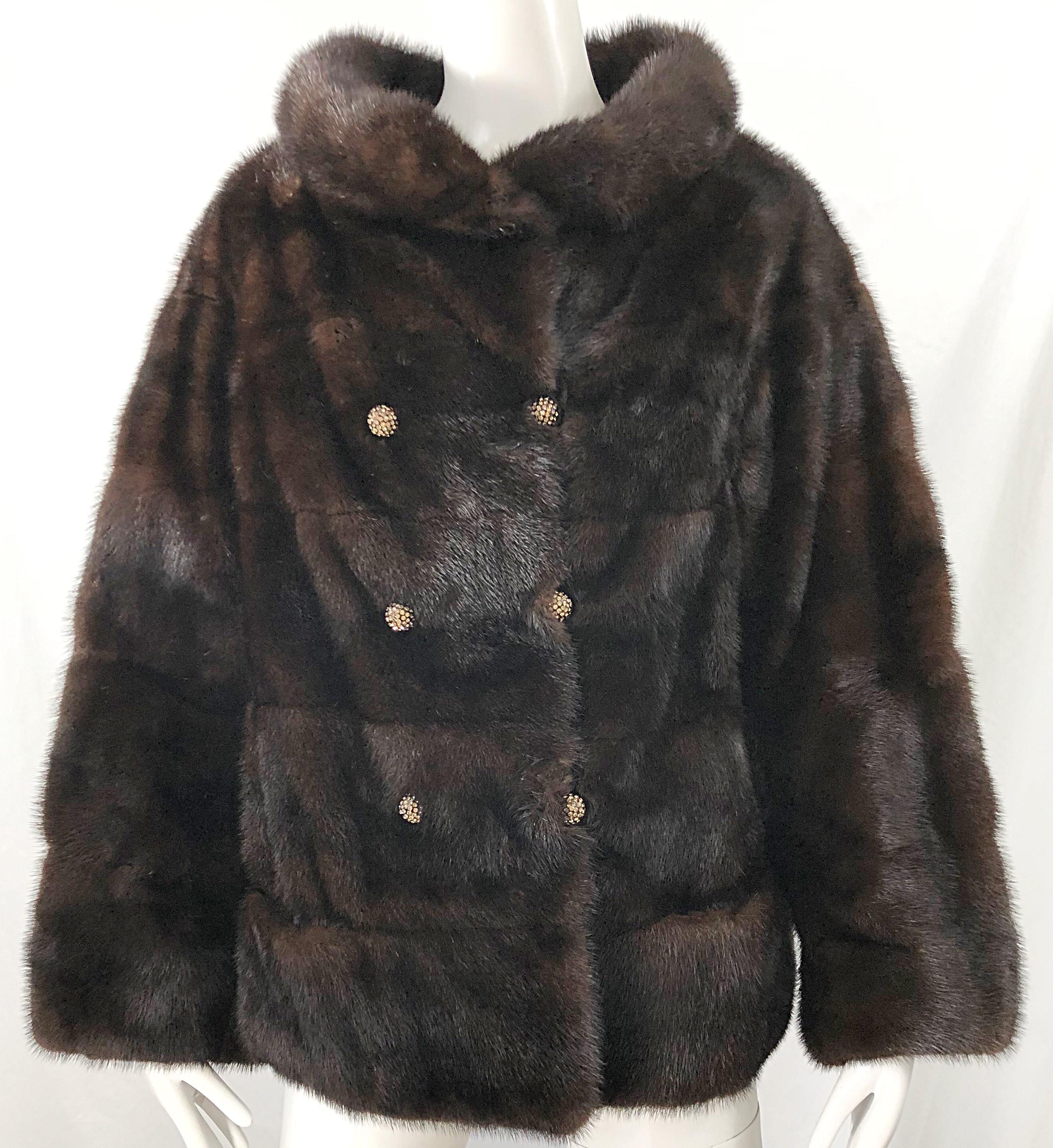 1960s Revillon Mink Mahogany Brown Female Pelt Vintage 60s Jacket Rhinestones For Sale 9