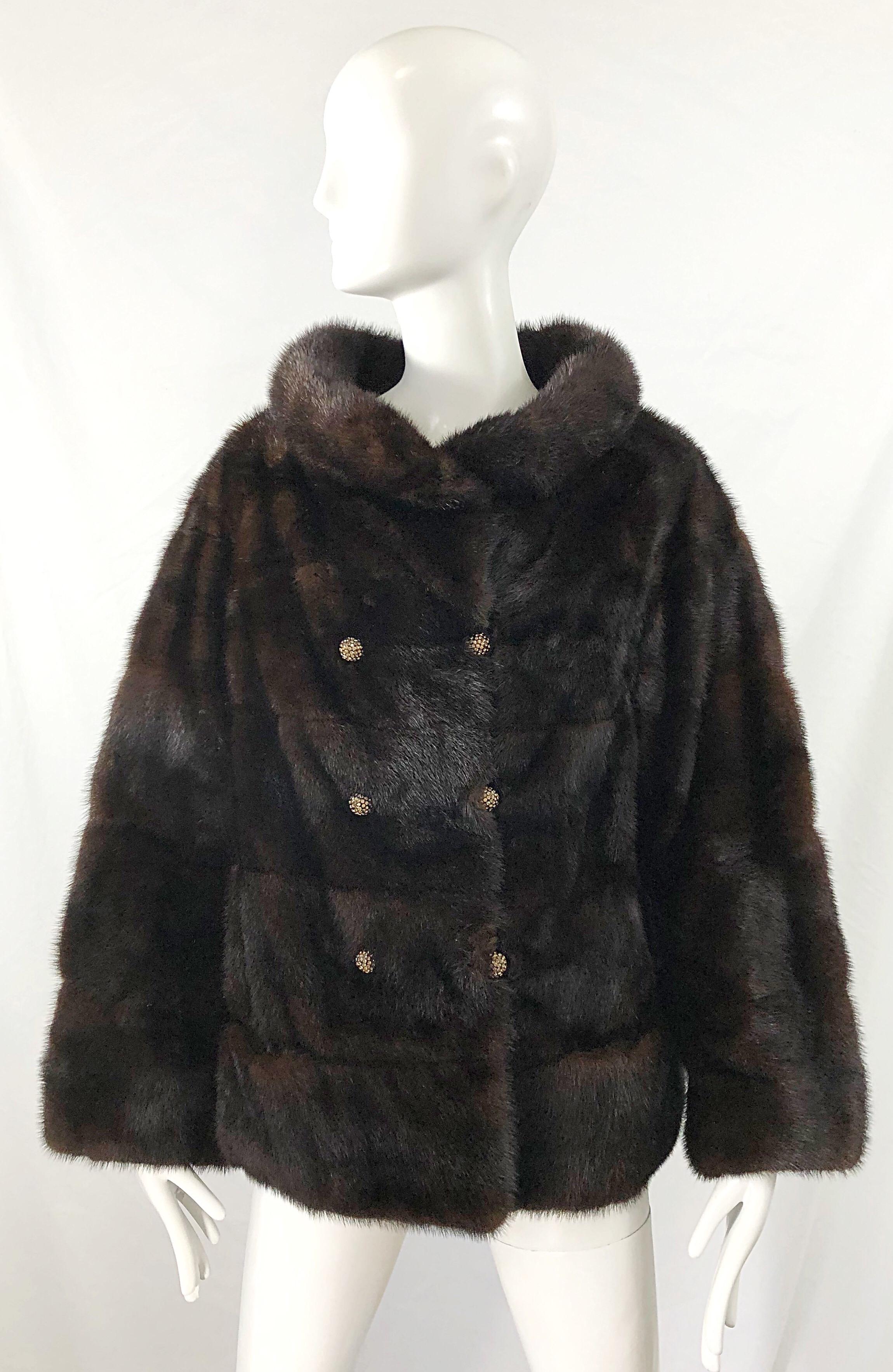 1960s Revillon Mink Mahogany Brown Female Pelt Vintage 60s Jacket Rhinestones For Sale 10