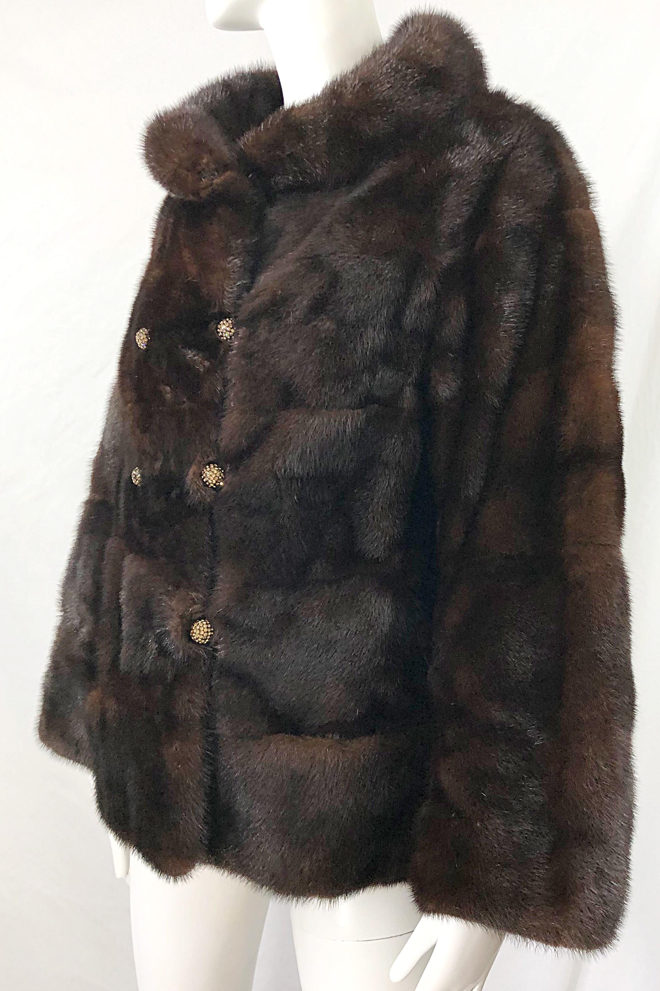 1960s Revillon Mink Mahogany Brown Female Pelt Vintage 60s Jacket Rhinestones In Excellent Condition For Sale In San Diego, CA