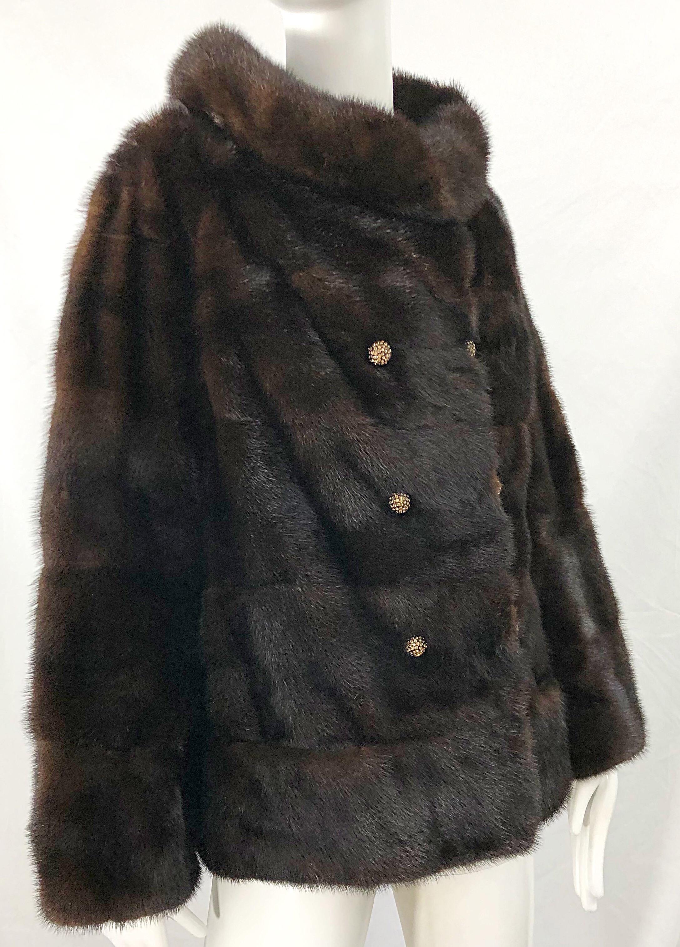 Women's 1960s Revillon Mink Mahogany Brown Female Pelt Vintage 60s Jacket Rhinestones For Sale