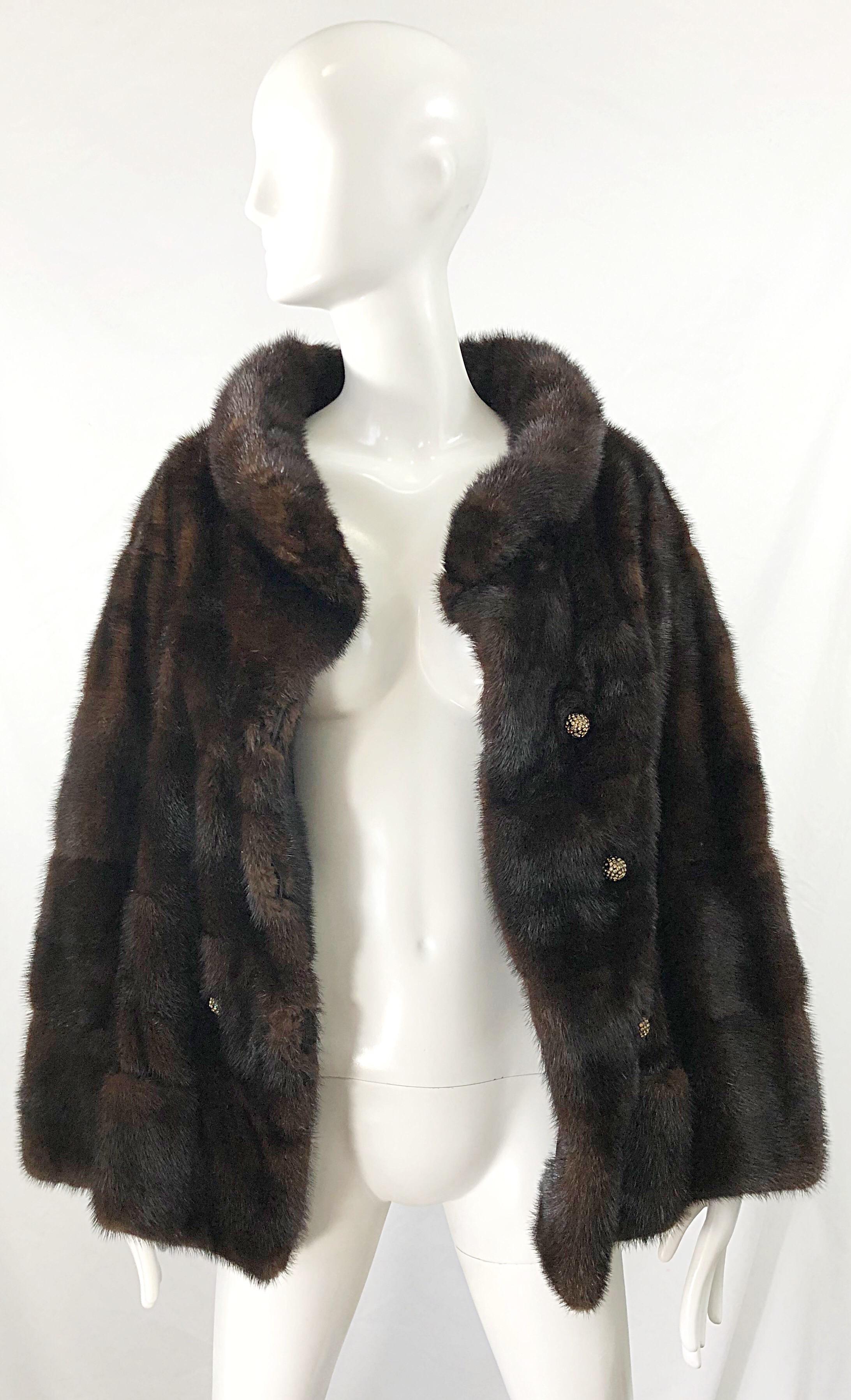 1960s Revillon Mink Mahogany Brown Female Pelt Vintage 60s Jacket Rhinestones For Sale 1