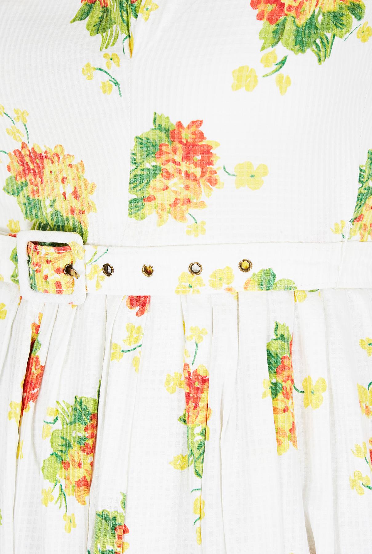 Beige 1960s Rhona Roy Waffle Cotton Floral Print Dress with Belt For Sale