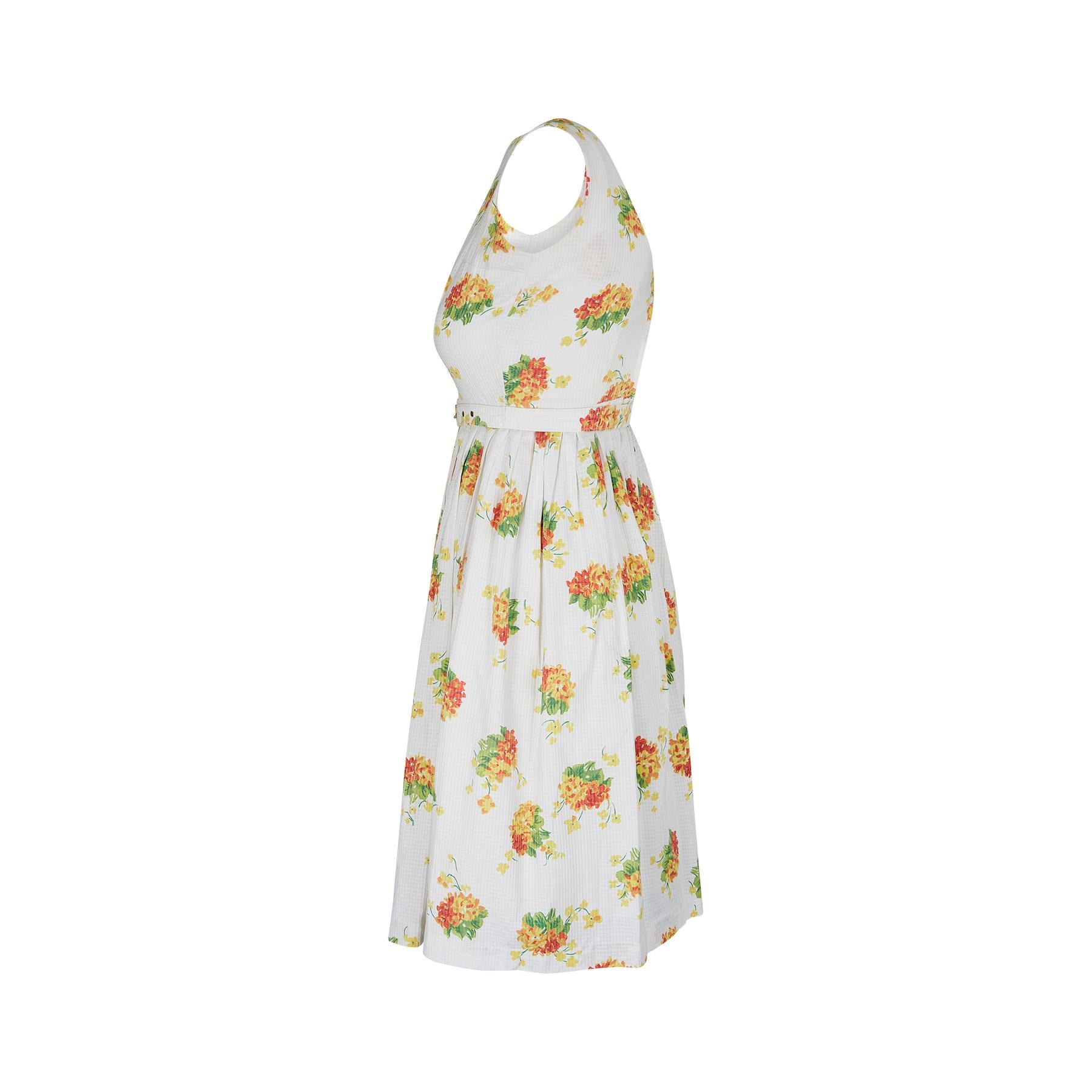 1960s Rhona Roy Waffle Cotton Floral Print Dress with Belt In Excellent Condition For Sale In London, GB