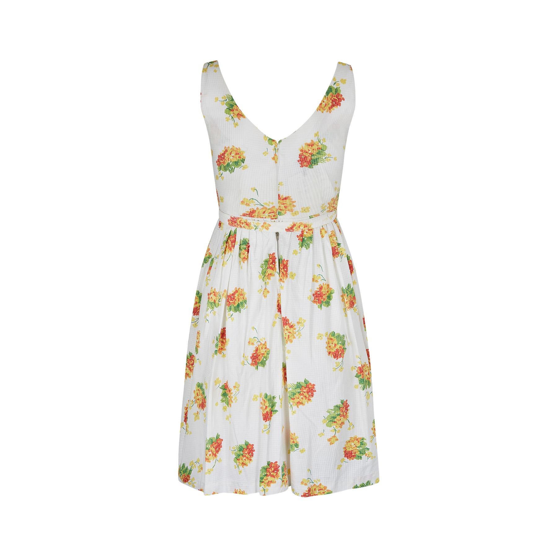 Women's 1960s Rhona Roy Waffle Cotton Floral Print Dress with Belt For Sale