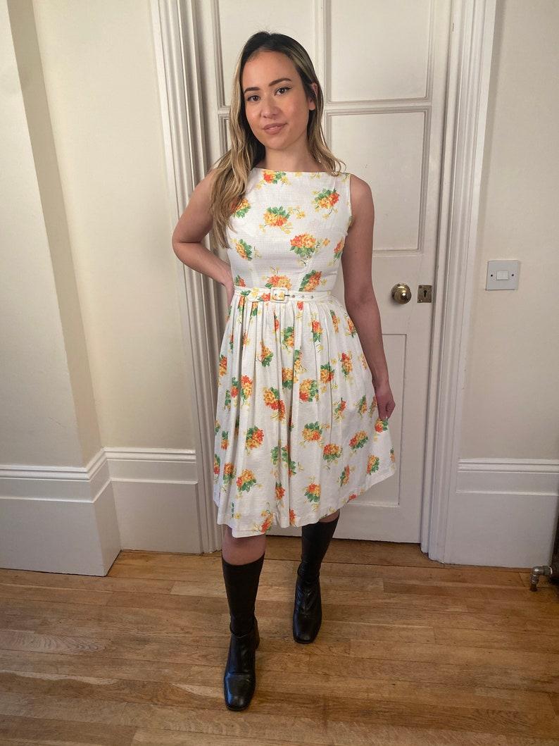 1960s Rhona Roy Waffle Cotton Floral Print Dress with Belt For Sale 1