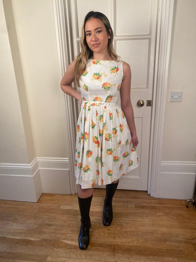 1960s Rhona Roy Waffle Cotton Floral Print Dress with Belt For Sale 2