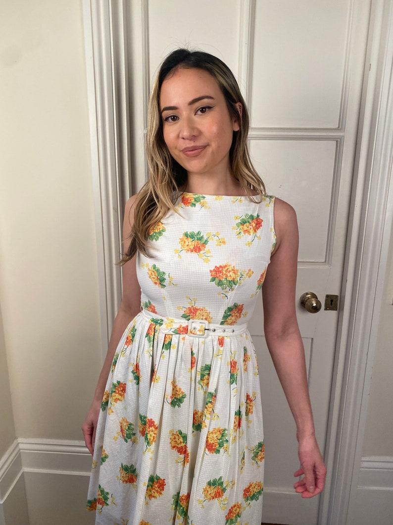 1960s Rhona Roy Waffle Cotton Floral Print Dress with Belt For Sale 3