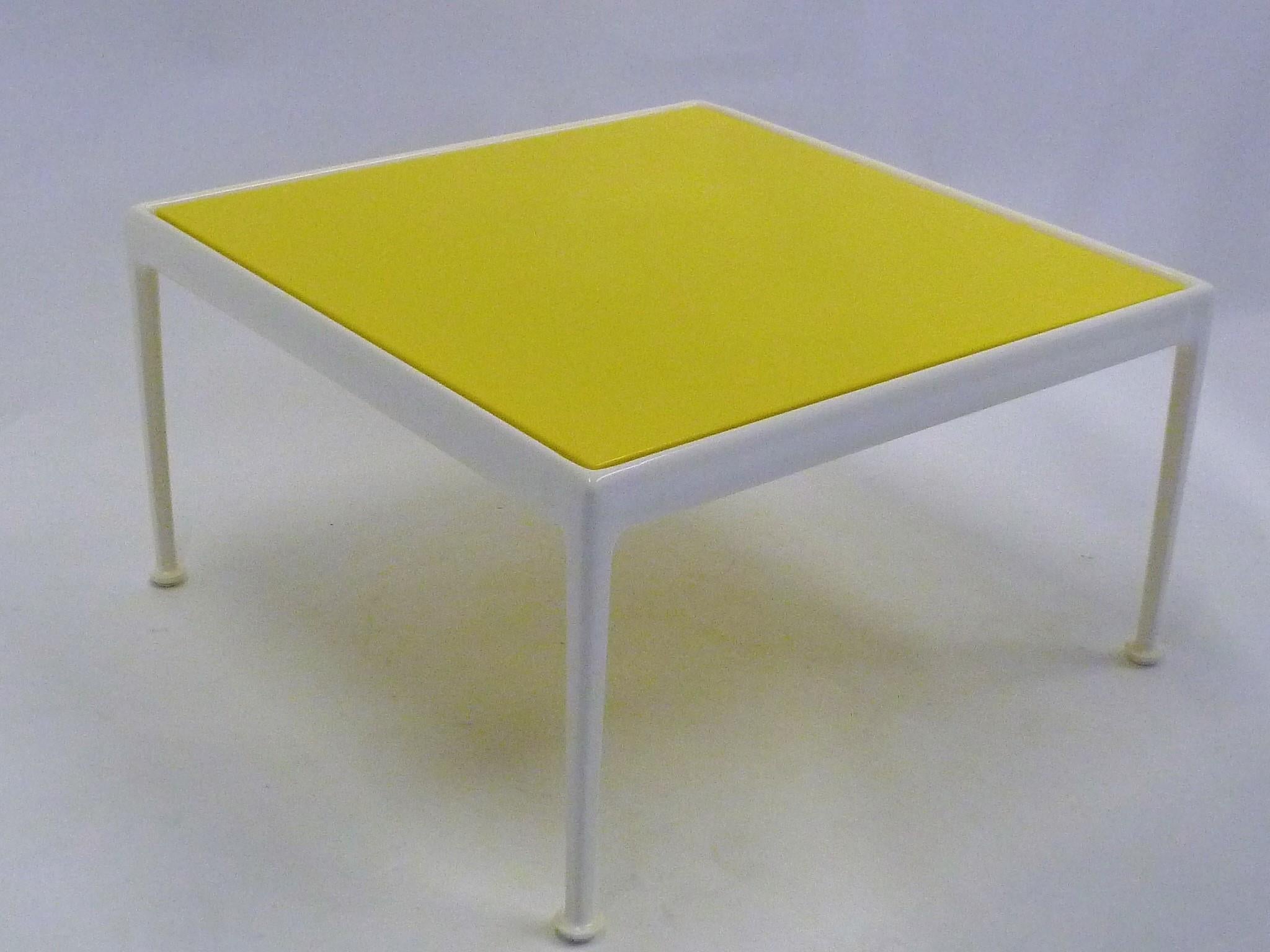 Classic Richard Schultz table design for Knoll. Designed for outside use and great for the inside as well. Bright, crisp and sunny yellow over a white lacquered base. Re-lacquered and newly powder coated top. New glides as well. Slight separation