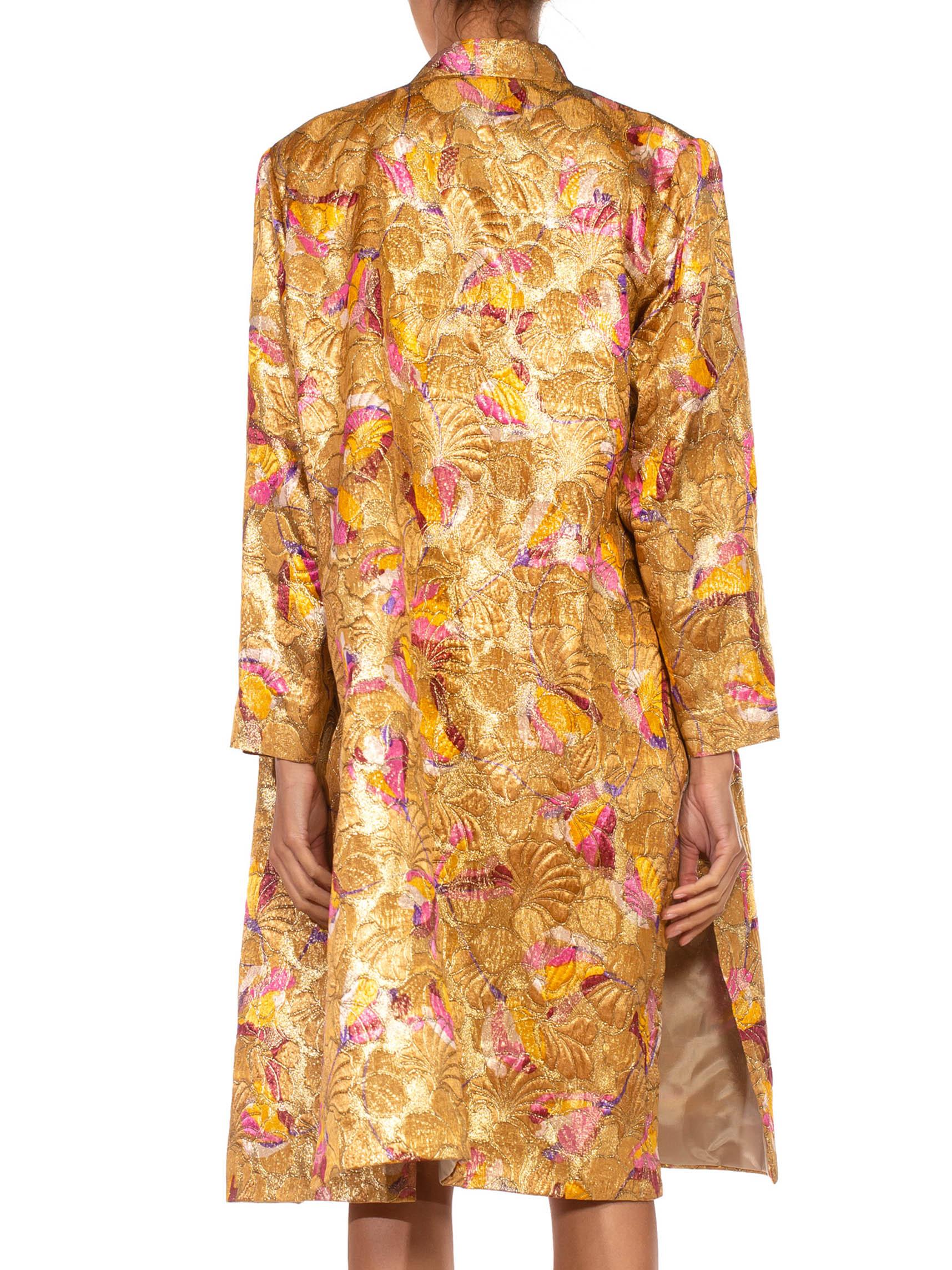 Orange 1960S RICHILENE Gold & Pink Rayon/Lurex Lamé Chinoiserie Opera Coat With Crysta