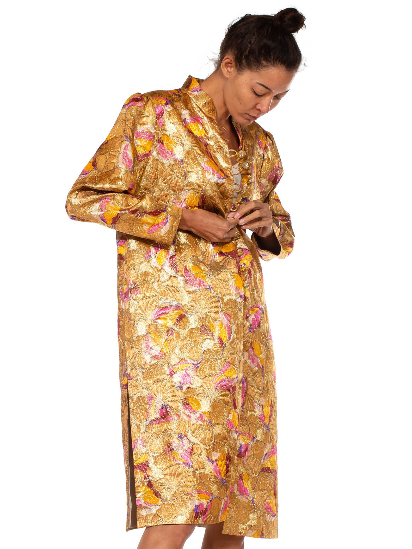 Women's 1960S RICHILENE Gold & Pink Rayon/Lurex Lamé Chinoiserie Opera Coat With Crysta