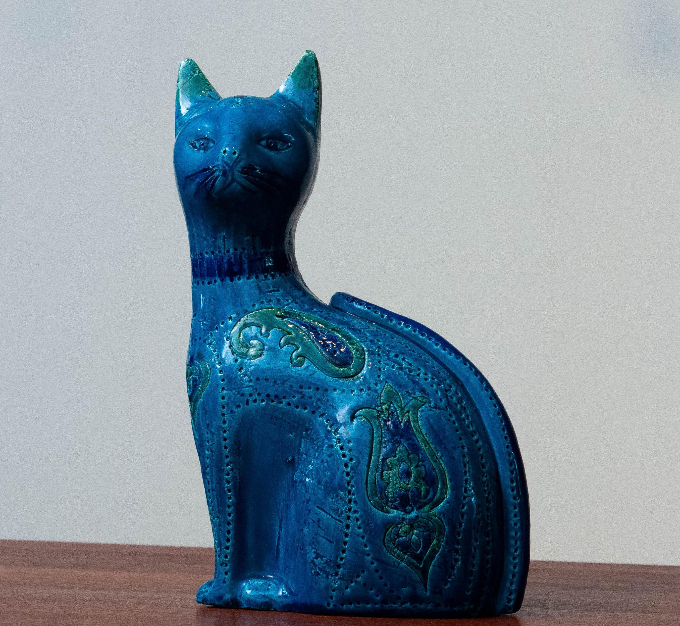 1960's 'Rimini Blue' Ceramic Hand-Made Pussi Cat By Aldo Londi And Bitossi Italy 1