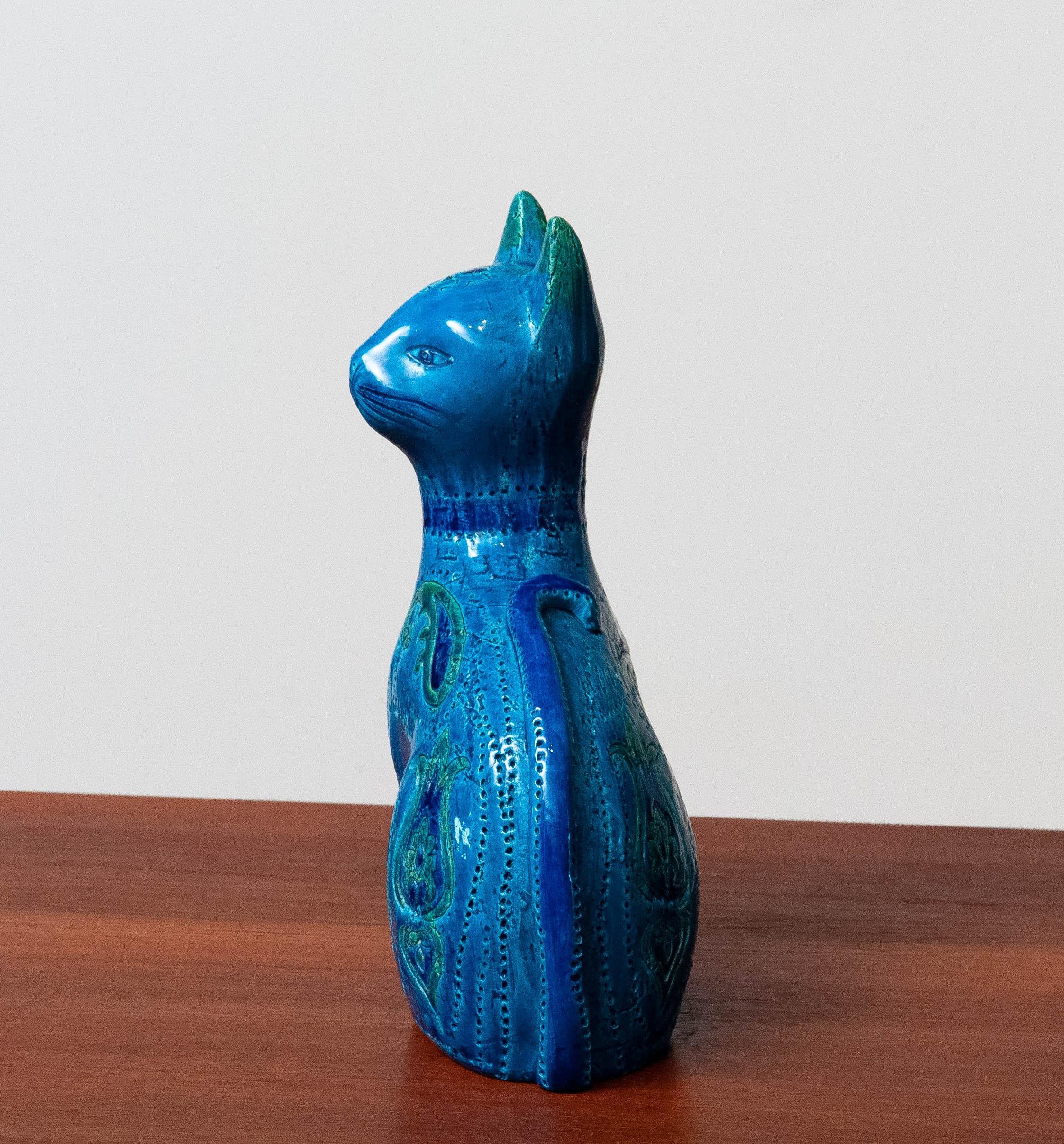 „Rimini Blue“ handgefertigte Pussi-Katze aus Keramik von Aldo Londi und Bitossi, Italien, 1960er Jahre (Organische Moderne)