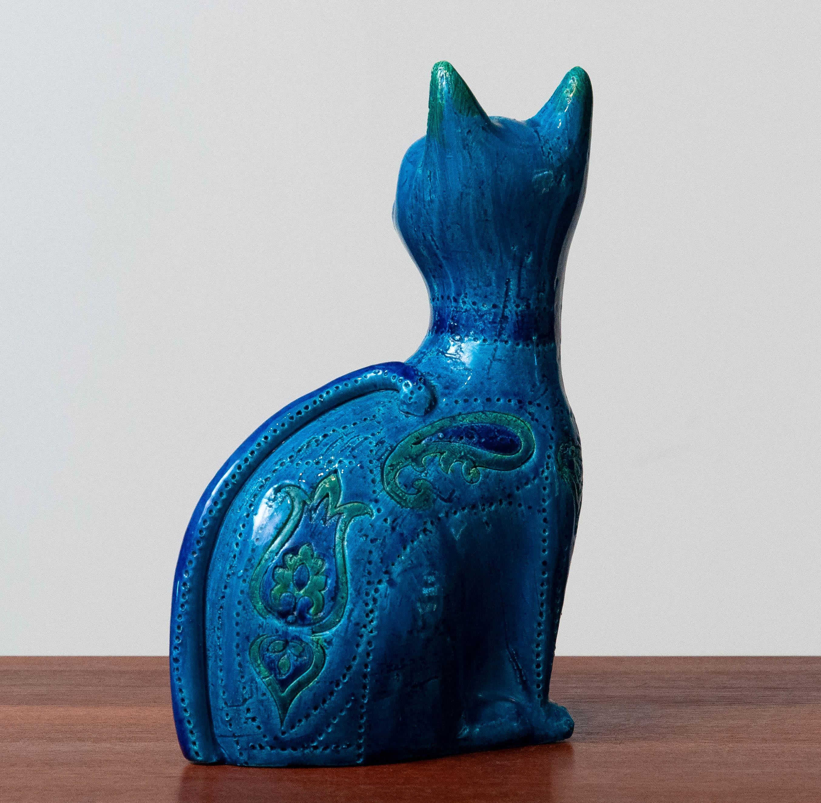 Organic Modern 1960's 'Rimini Blue' Ceramic Hand-Made Pussi Cat By Aldo Londi And Bitossi Italy