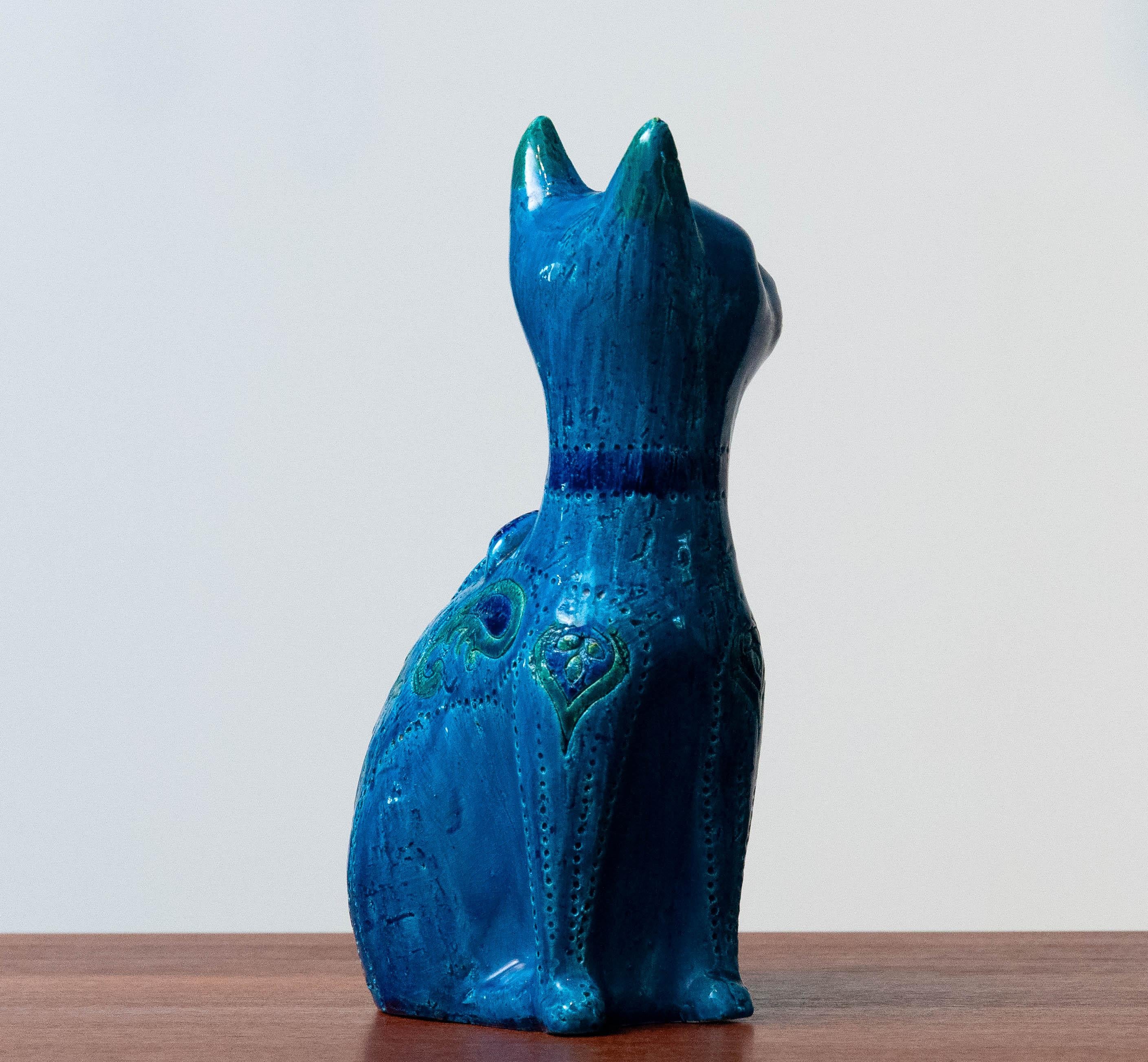 „Rimini Blue“ handgefertigte Pussi-Katze aus Keramik von Aldo Londi und Bitossi, Italien, 1960er Jahre (Mitte des 20. Jahrhunderts)