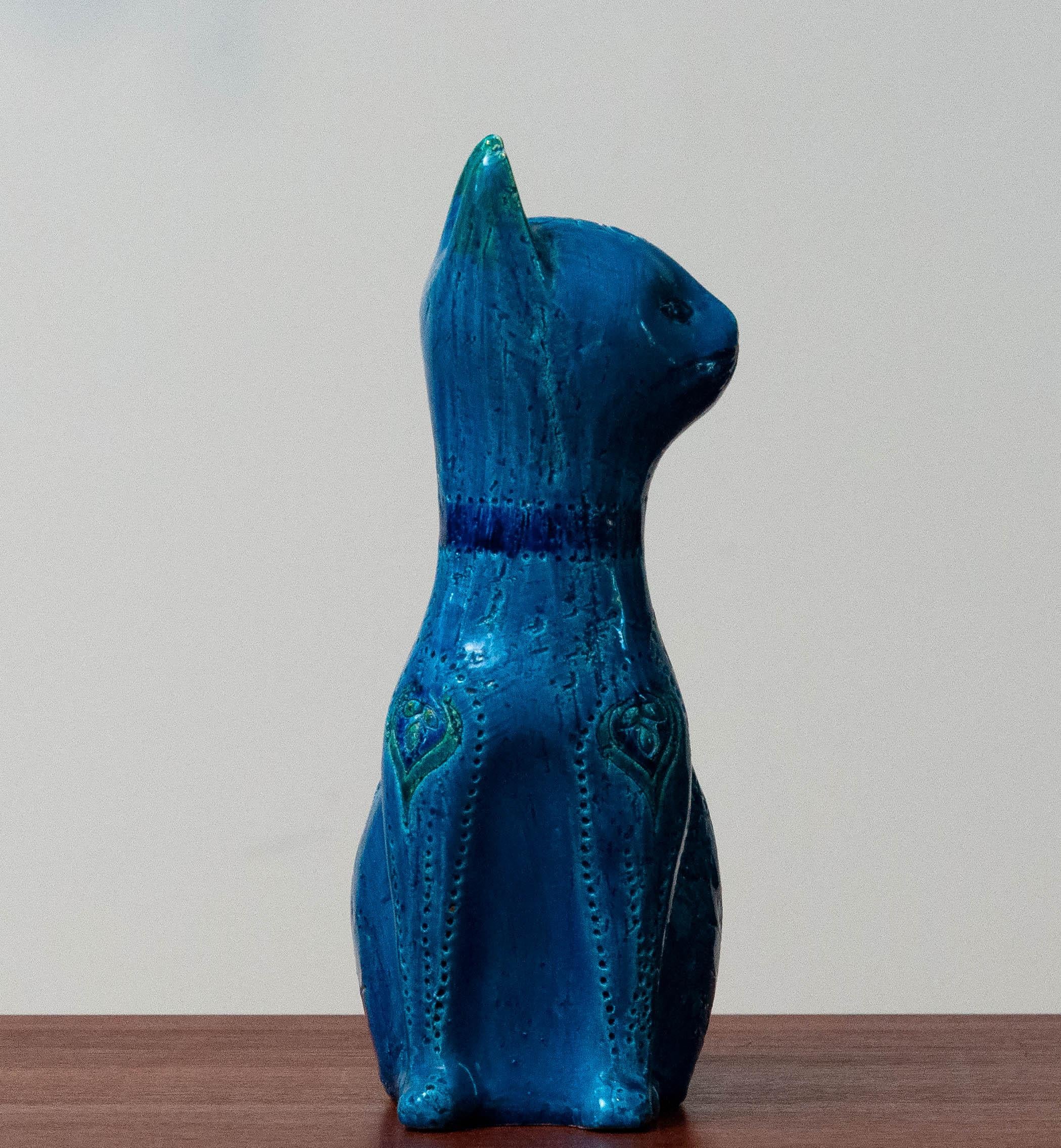 „Rimini Blue“ handgefertigte Pussi-Katze aus Keramik von Aldo Londi und Bitossi, Italien, 1960er Jahre 1