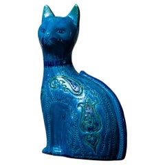 Cat Pussi en céramique bleu Rimini fabriqué à la main par Aldo Londi et Bitossi, Italie, années 1960